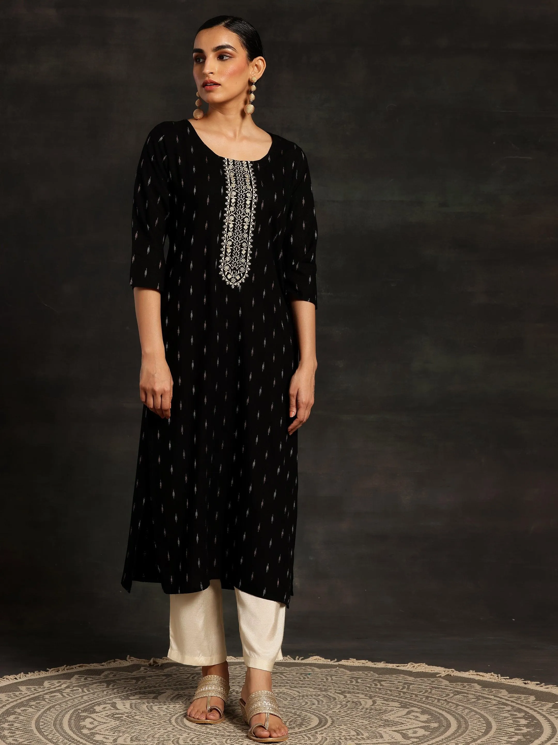 Black Yoke Design Cotton Straight Kurta