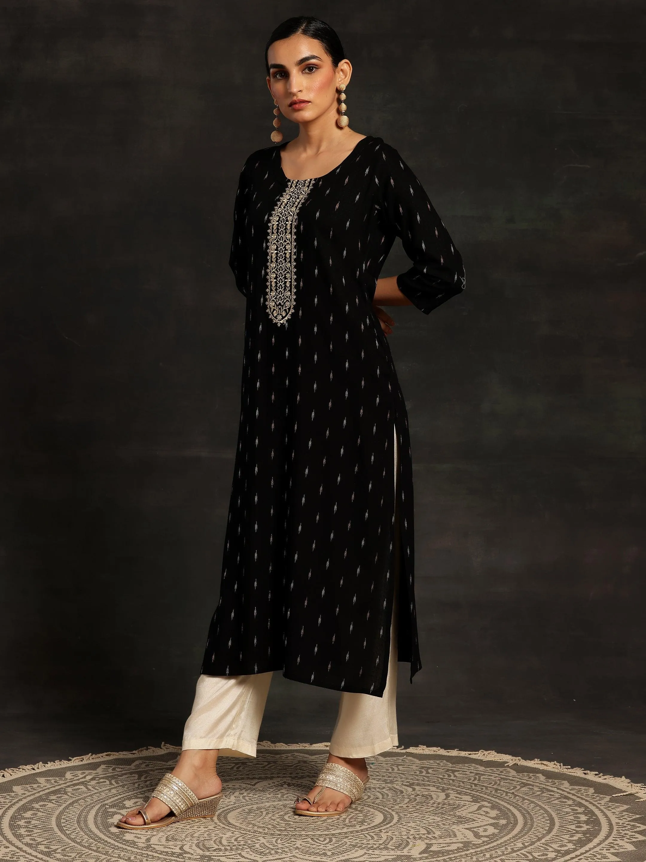 Black Yoke Design Cotton Straight Kurta