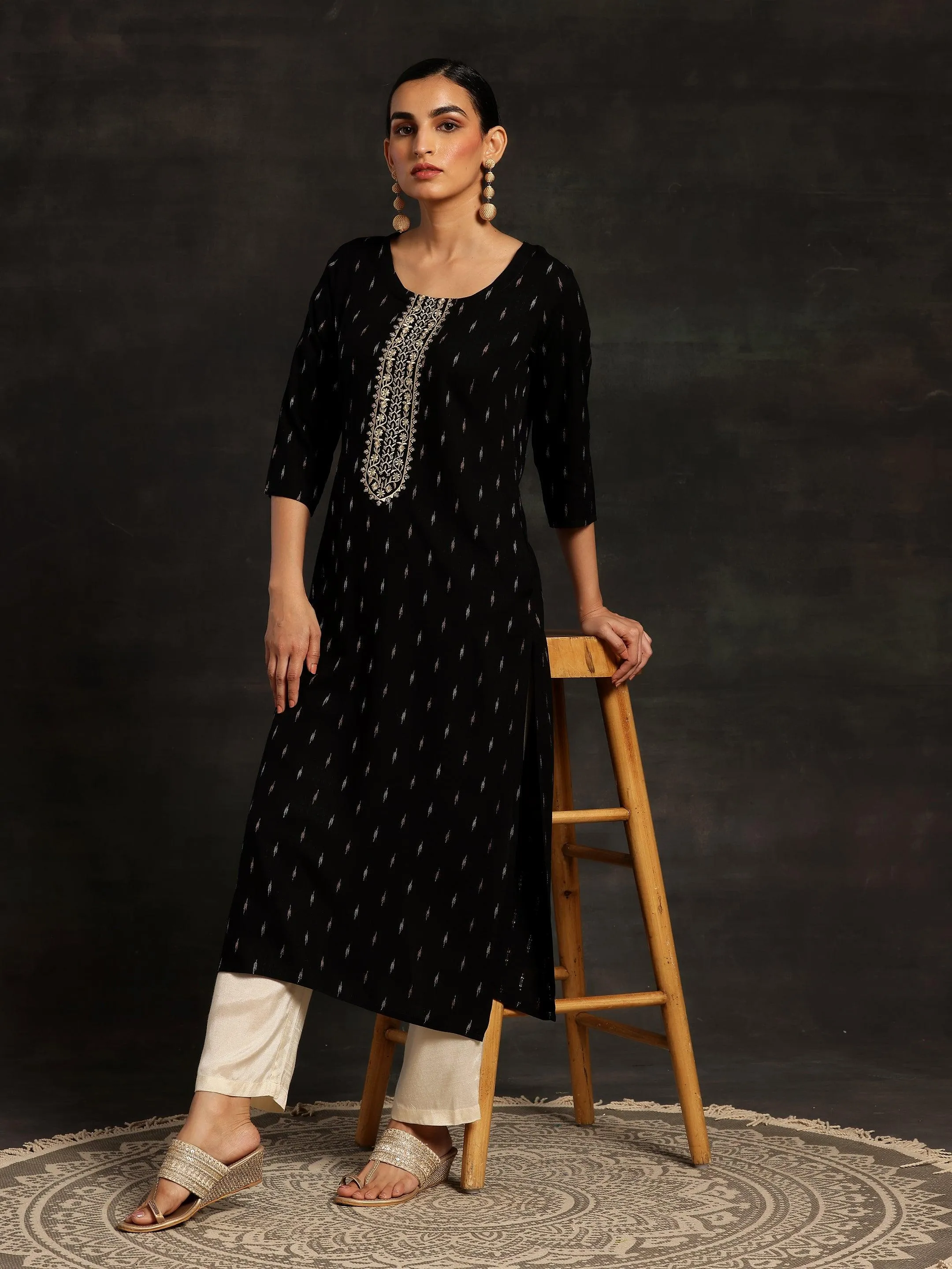 Black Yoke Design Cotton Straight Kurta