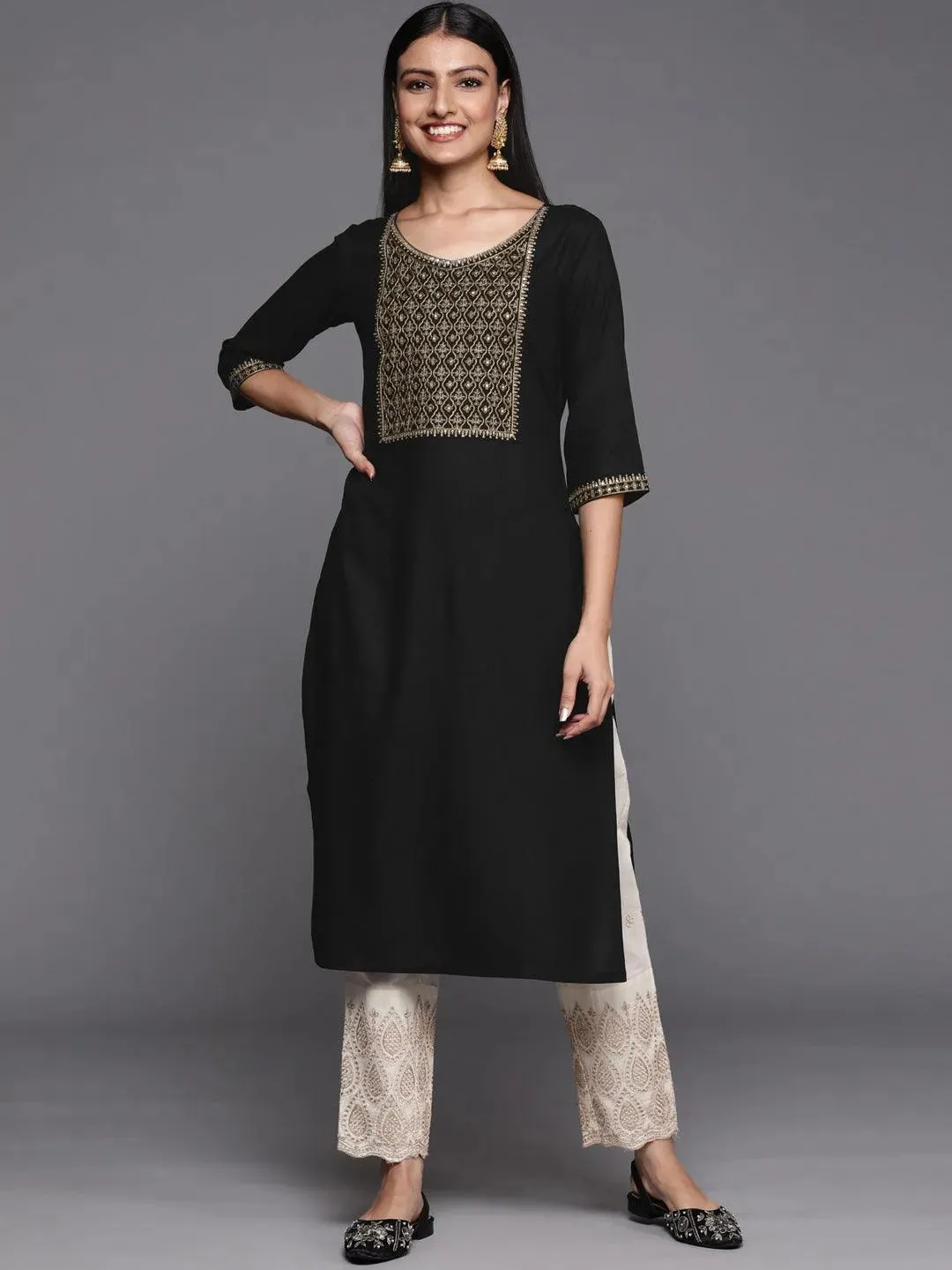 Black Yoke Design Rayon Straight Kurta