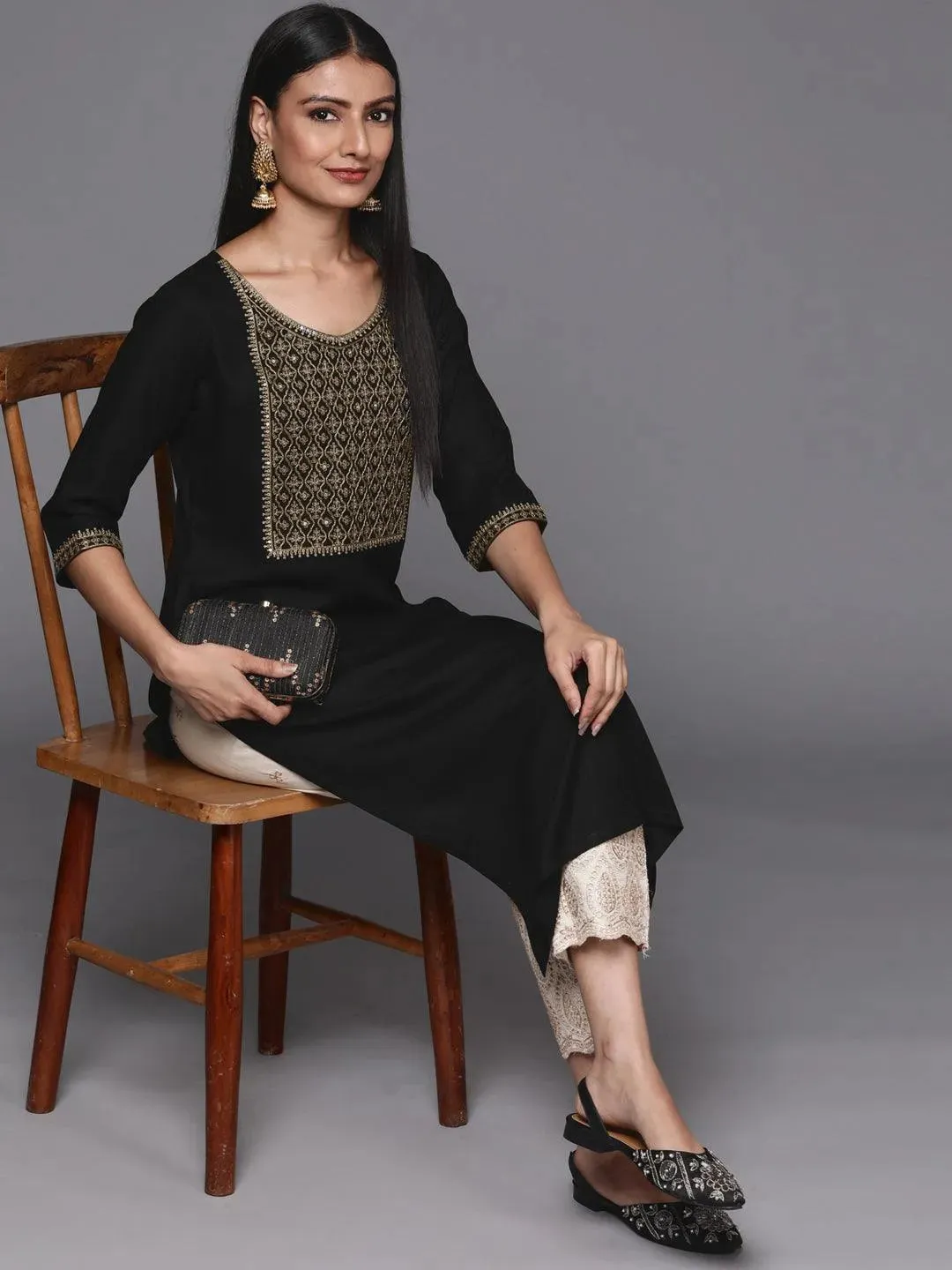 Black Yoke Design Rayon Straight Kurta