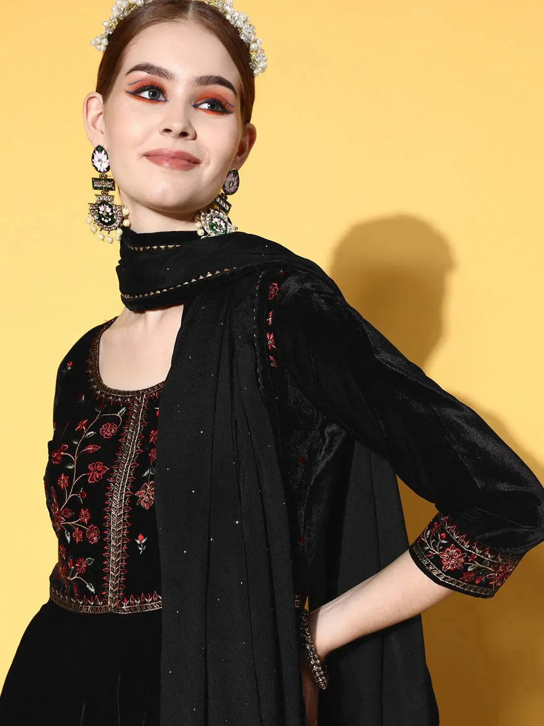 Black Yoke Design Velvet Anarkali Kurta With Churidar & Dupatta