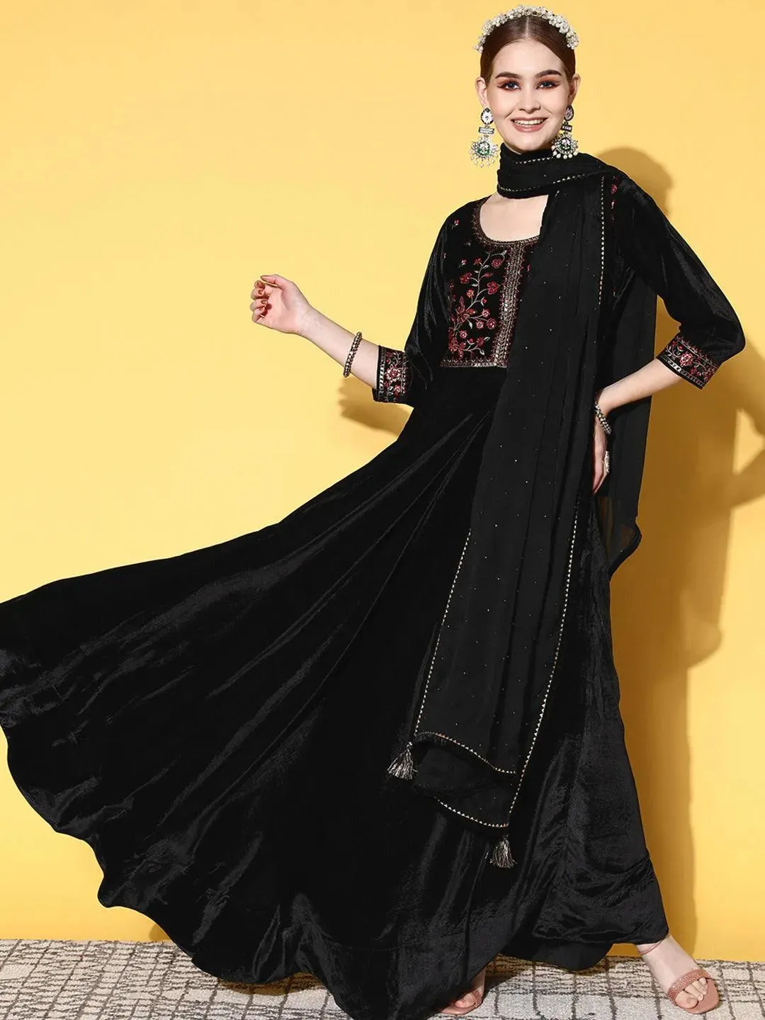 Black Yoke Design Velvet Anarkali Kurta With Churidar & Dupatta