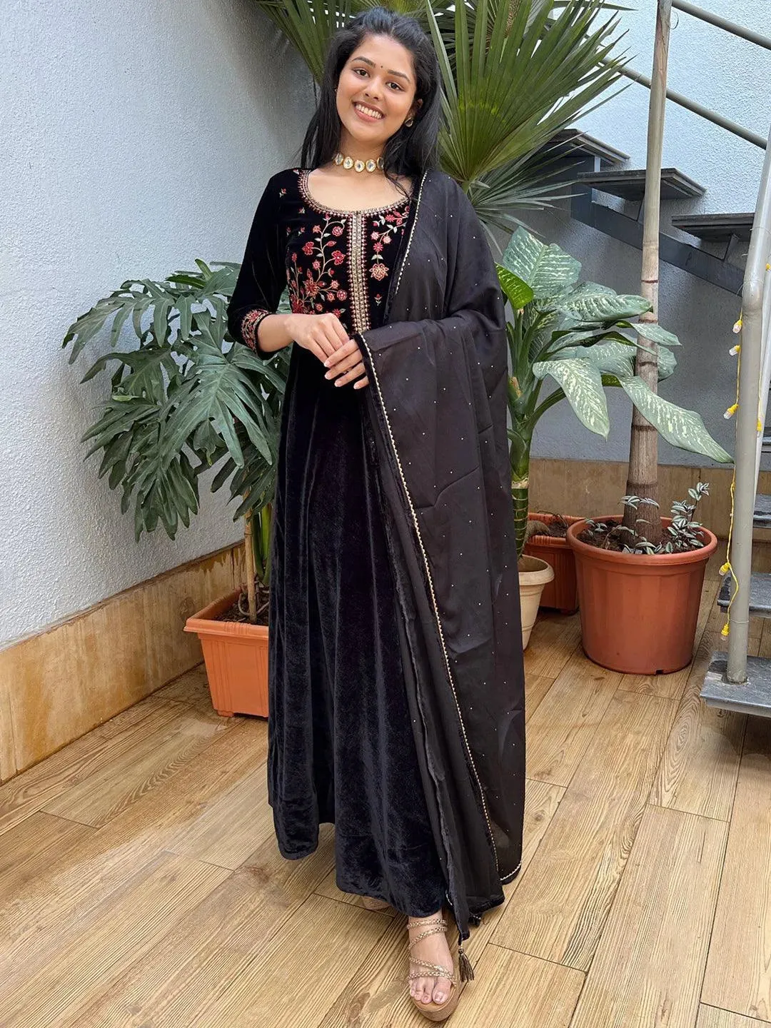 Black Yoke Design Velvet Anarkali Kurta With Churidar & Dupatta