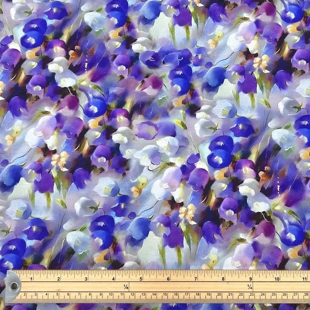 Blue and Purple Flowers Viscose Challis Fabric