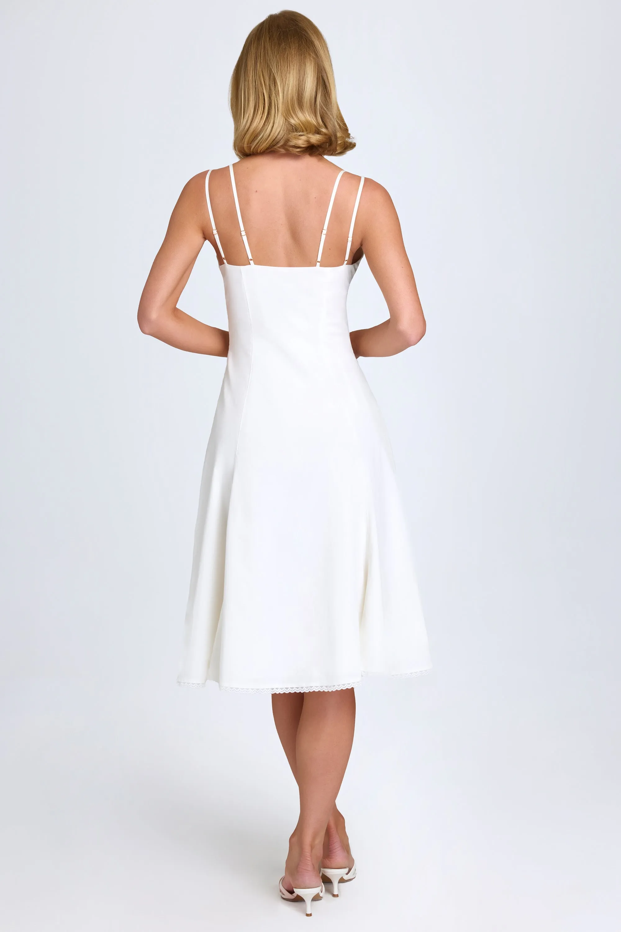 Bow-Detail Lace-Trim A-Line Midi Dress in White