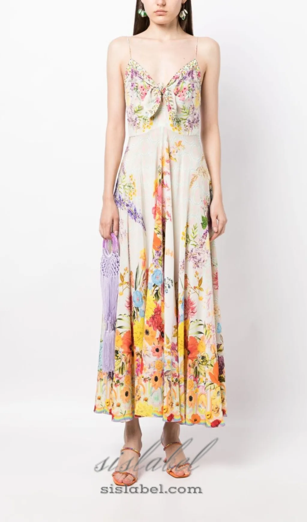 BOW FLORAL-PRINT SILK MIDI DRESS