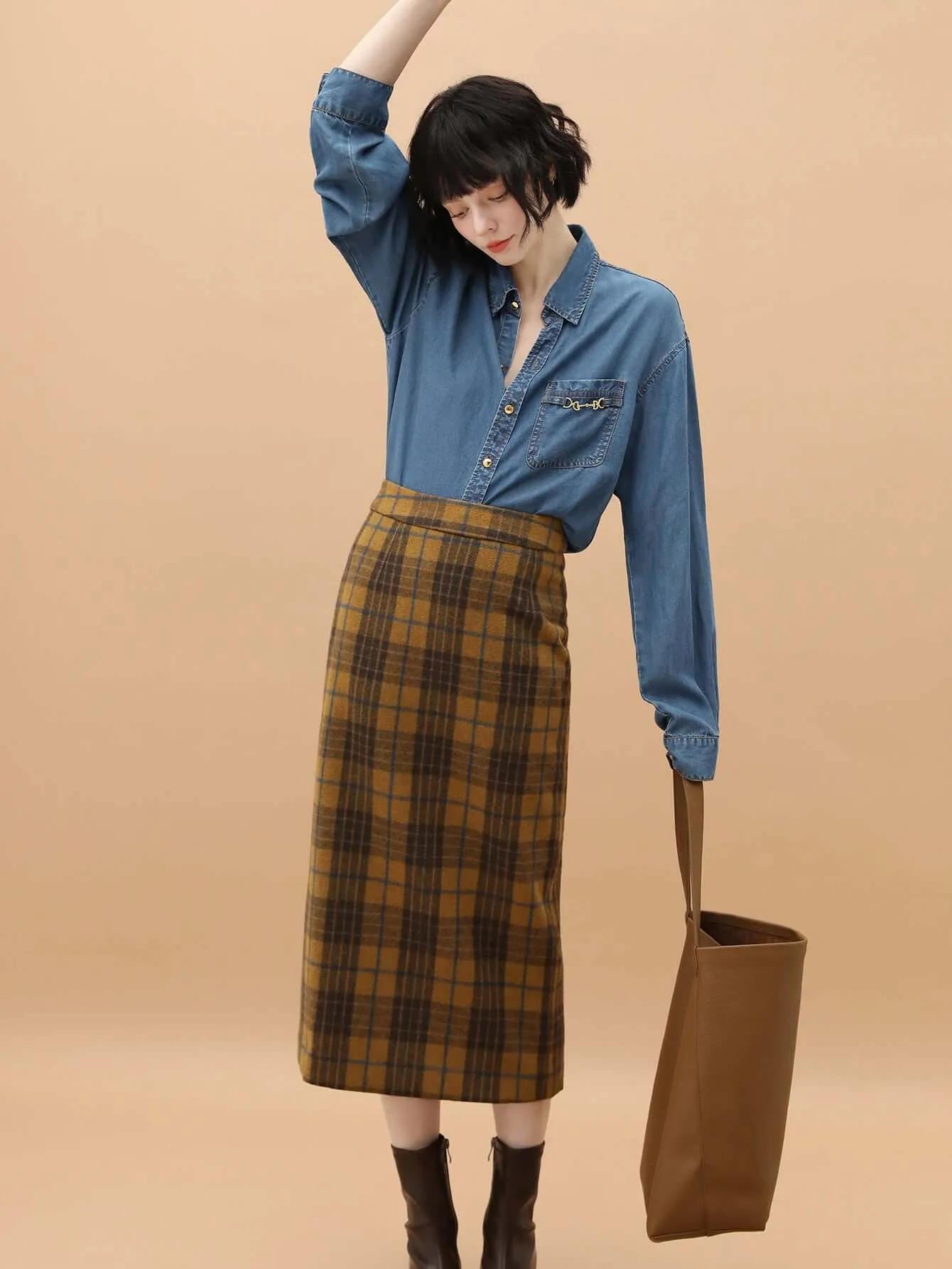 British-Style Brown Plaid Midi Skirt