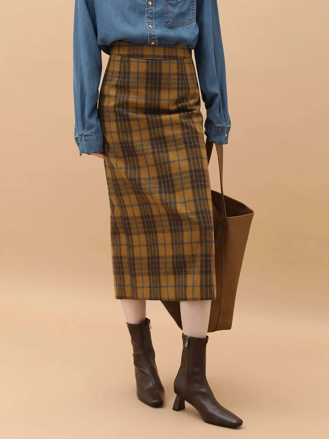 British-Style Brown Plaid Midi Skirt