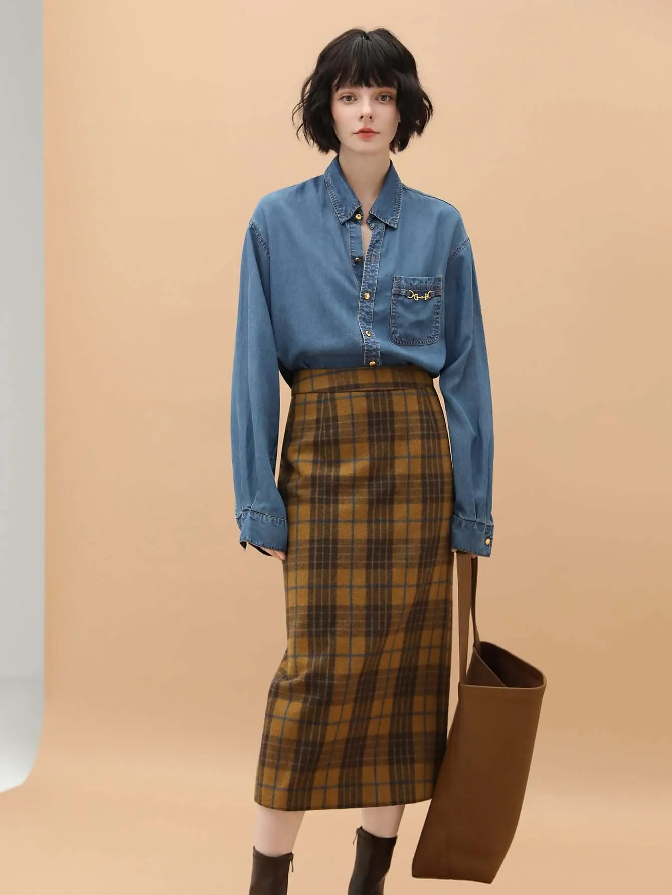 British-Style Brown Plaid Midi Skirt