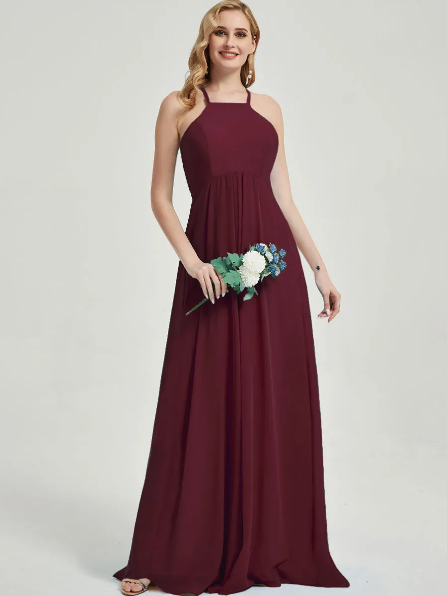 Burgundy Halter Neck Empire Pleated Open Back Chiffon Bridesmaid Dress