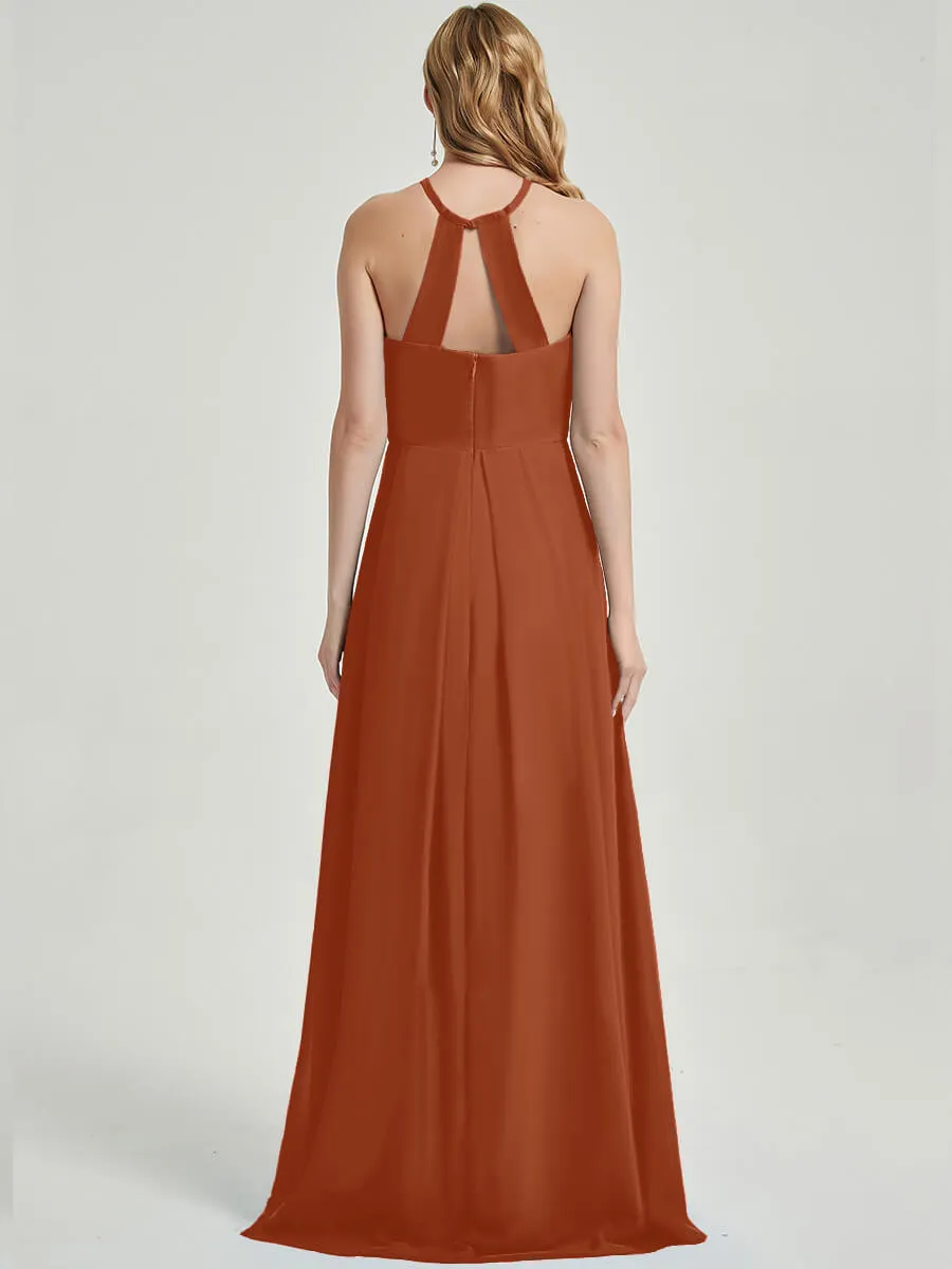 Burnt Orange Halter Neck Empire Pleated Backless Chiffon Bridesmaid Dress