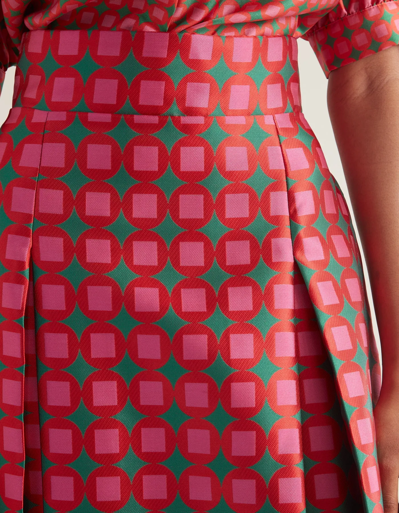 Carly Green Red Mosaic Print Silk Jacquard Skirt