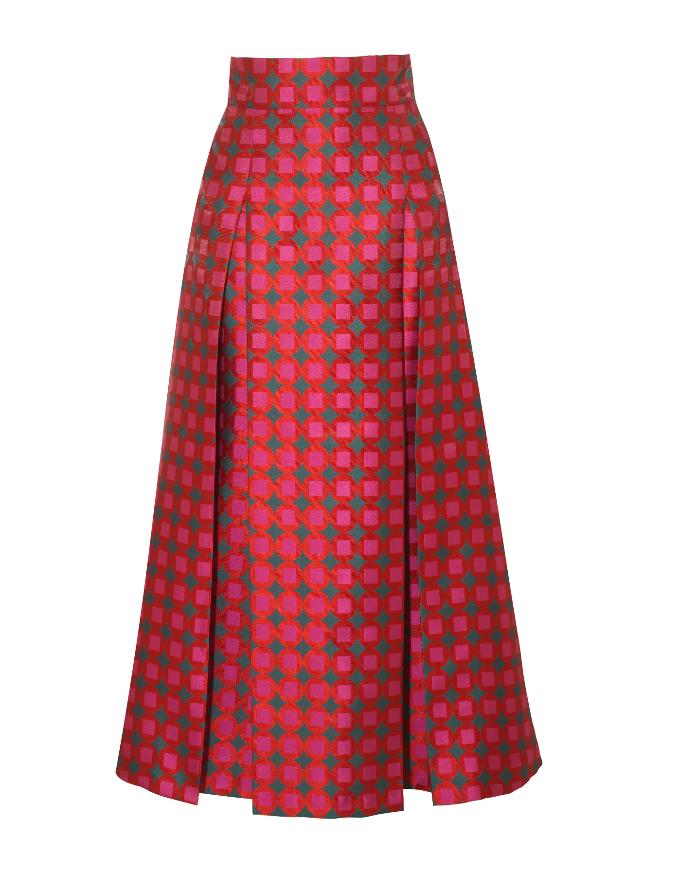 Carly Green Red Mosaic Print Silk Jacquard Skirt