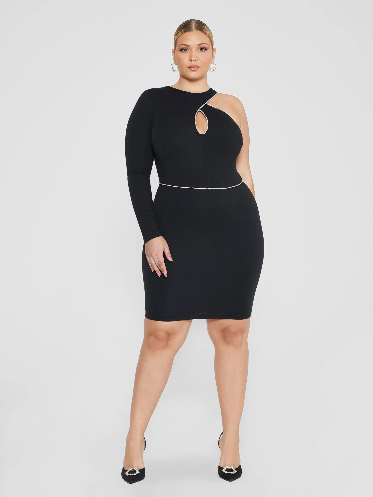 Caryn One Sleeve Rhinestone Trim Bodycon Dress