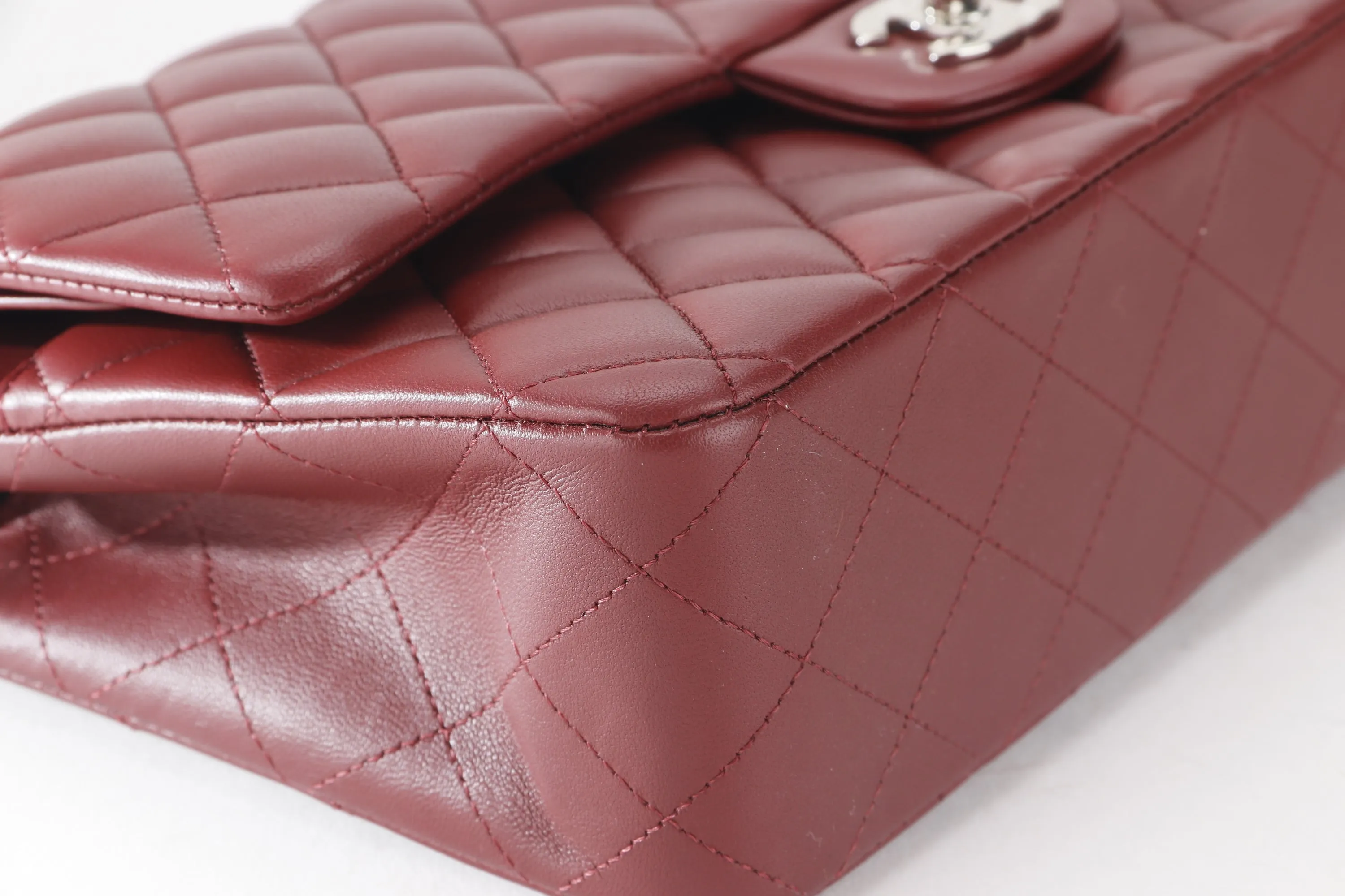 CHANEL CLASSIC FLAP (2838xxxx) MEDIUM SIZE MAROON LAMBSKIN SILVER HARDWARE, WITH CARD, DUST COVER & BOX