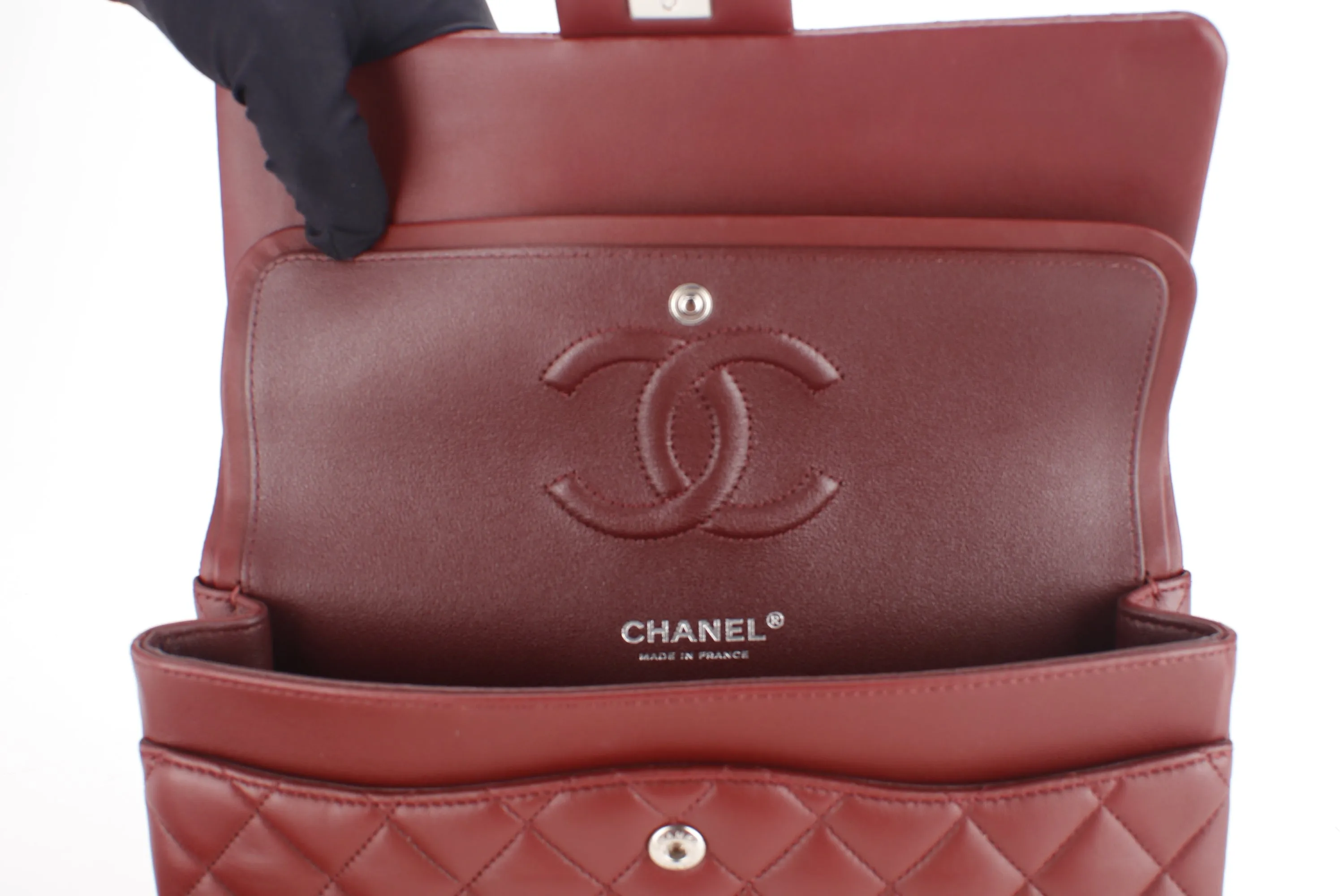 CHANEL CLASSIC FLAP (2838xxxx) MEDIUM SIZE MAROON LAMBSKIN SILVER HARDWARE, WITH CARD, DUST COVER & BOX