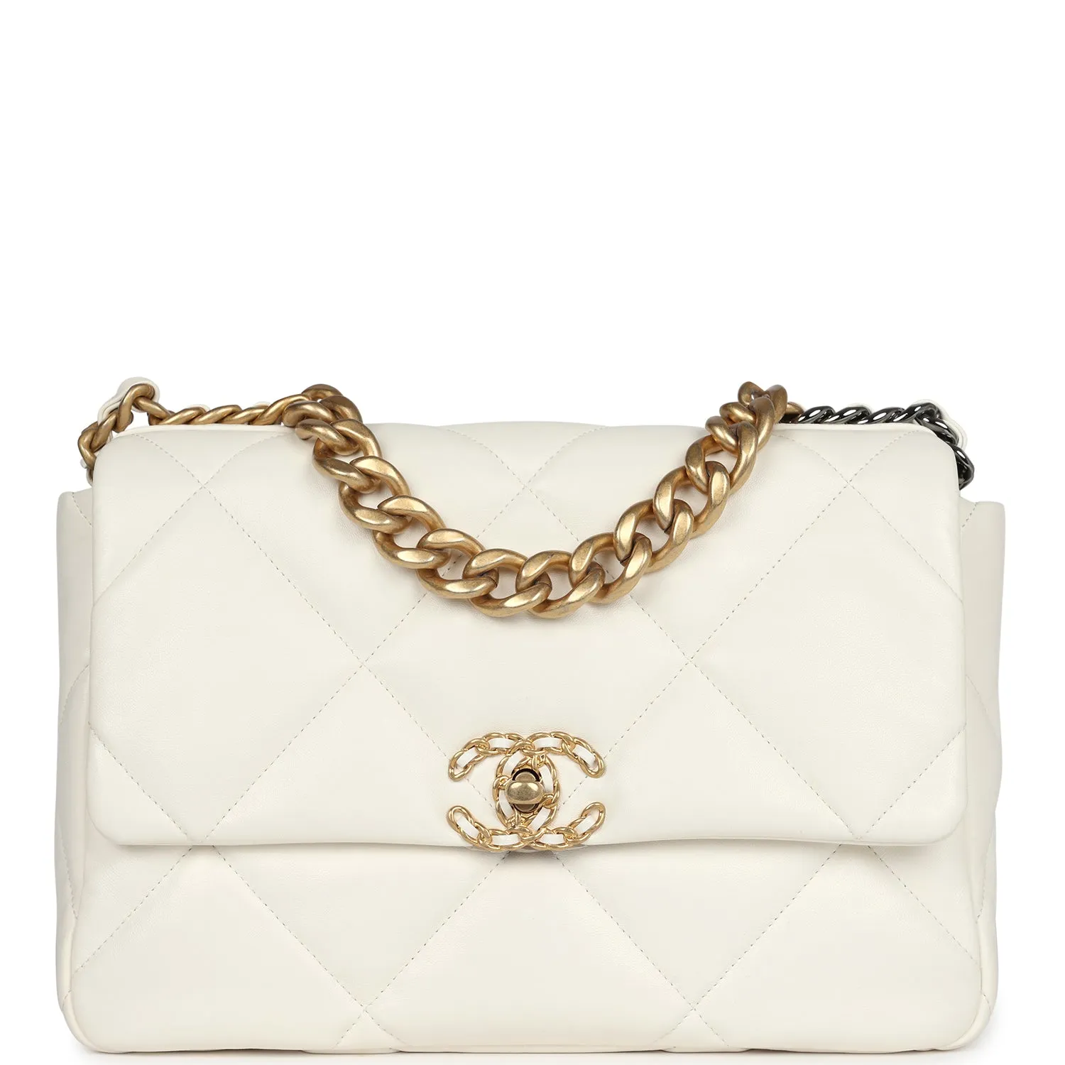 Chanel Large 19 Flap Bag White Lambskin Mixed Metal Hardware