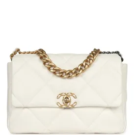 Chanel Large 19 Flap Bag White Lambskin Mixed Metal Hardware