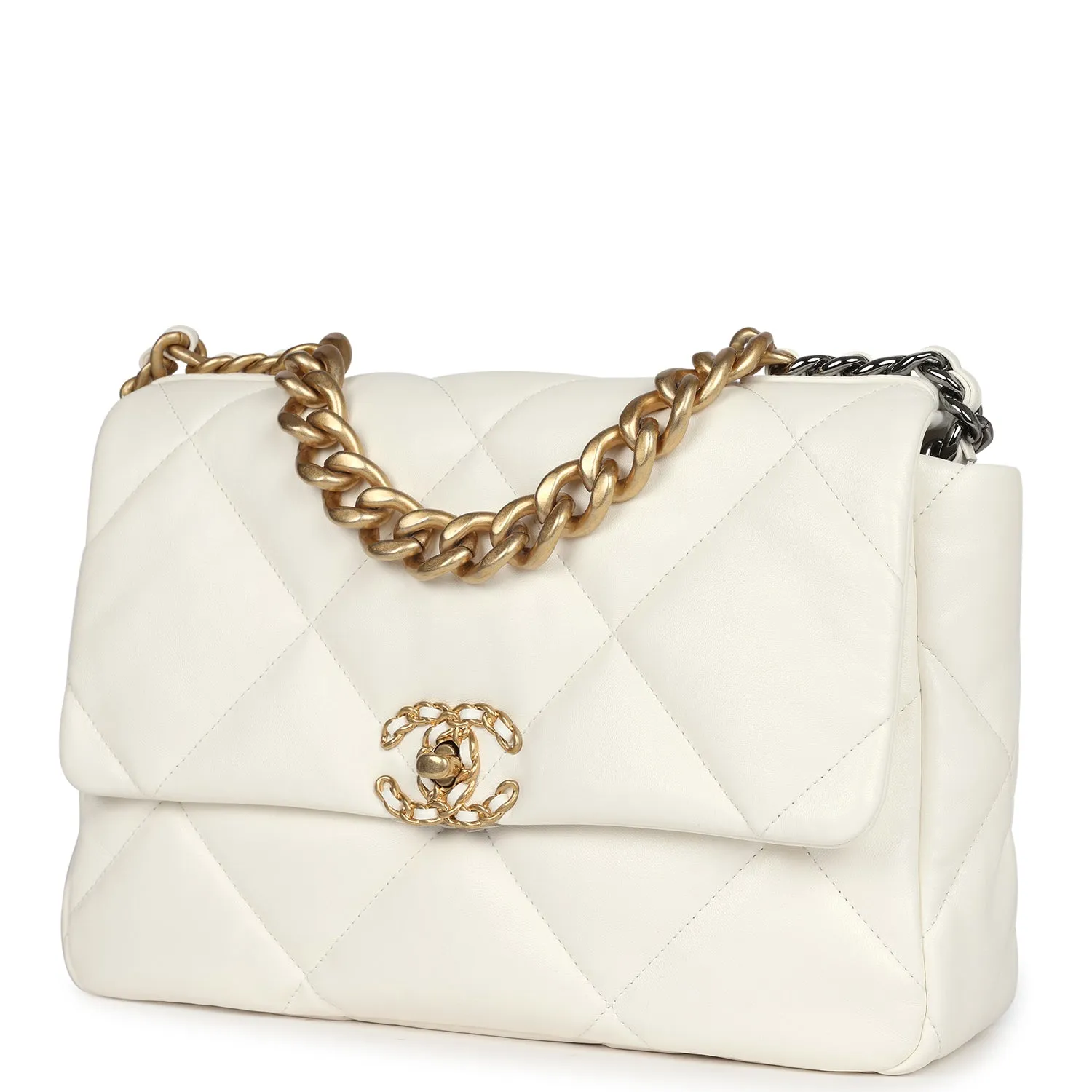 Chanel Large 19 Flap Bag White Lambskin Mixed Metal Hardware