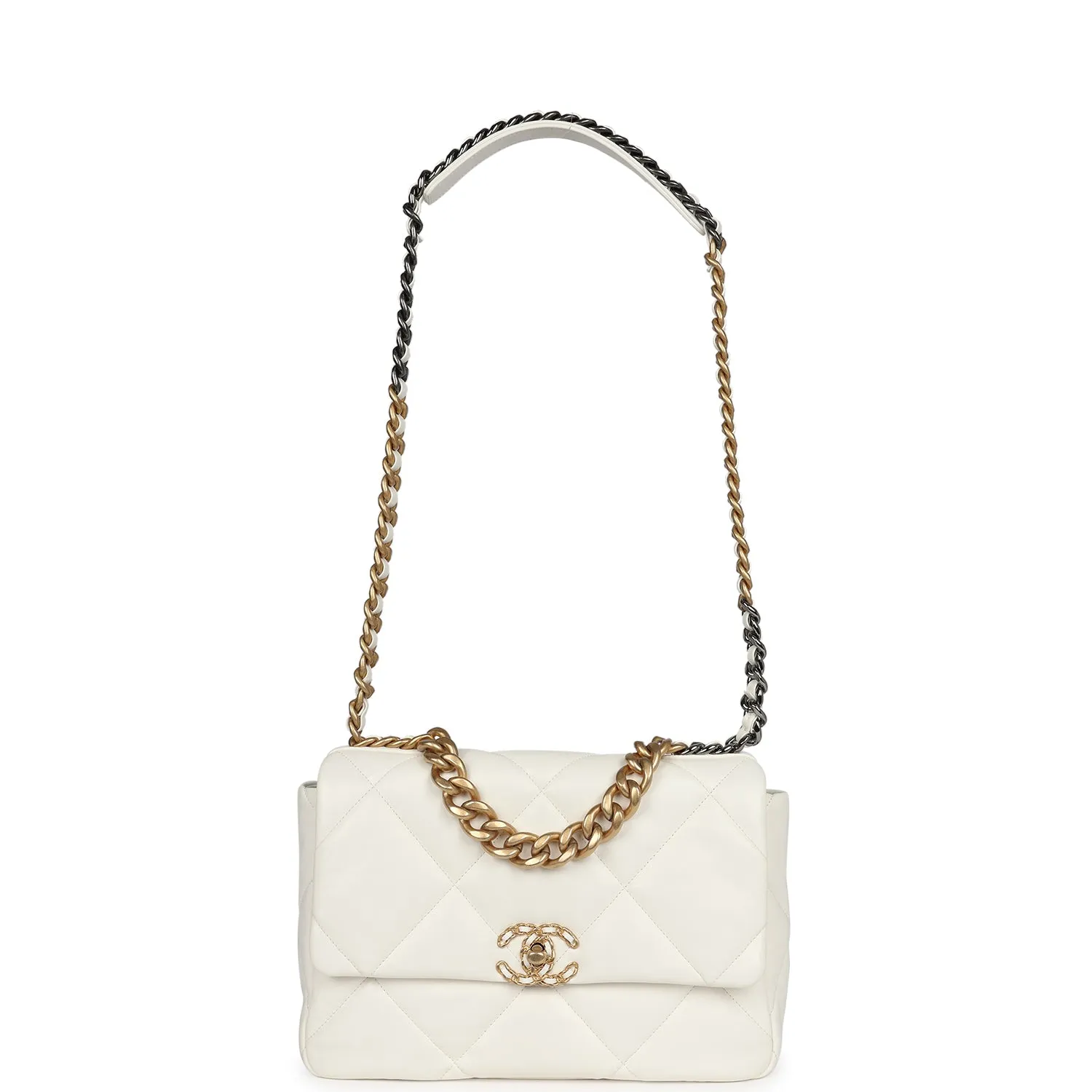 Chanel Large 19 Flap Bag White Lambskin Mixed Metal Hardware