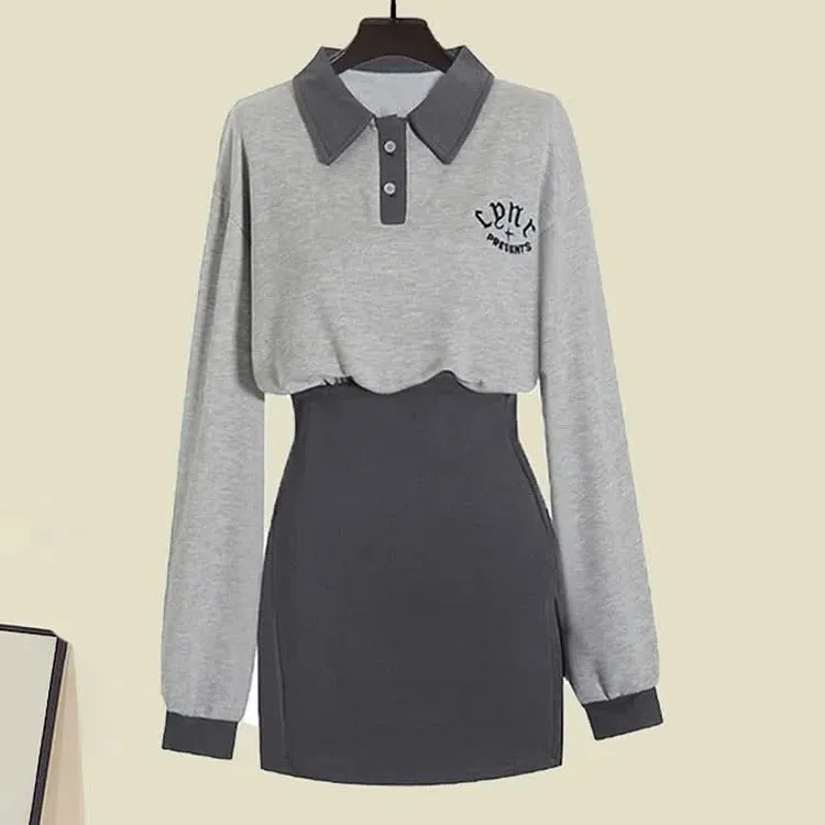 Chic Blazer and Letter Embroidered Sweatshirt Dress Set