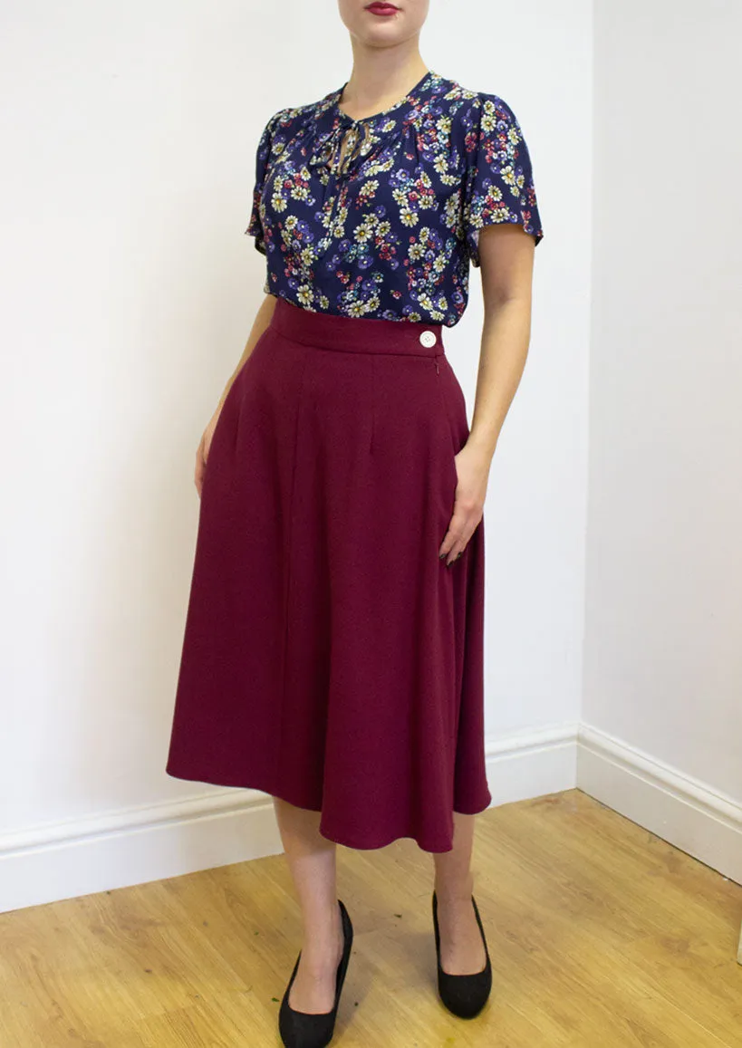 Classic 1940s Style A-Line Skirt in Burgundy