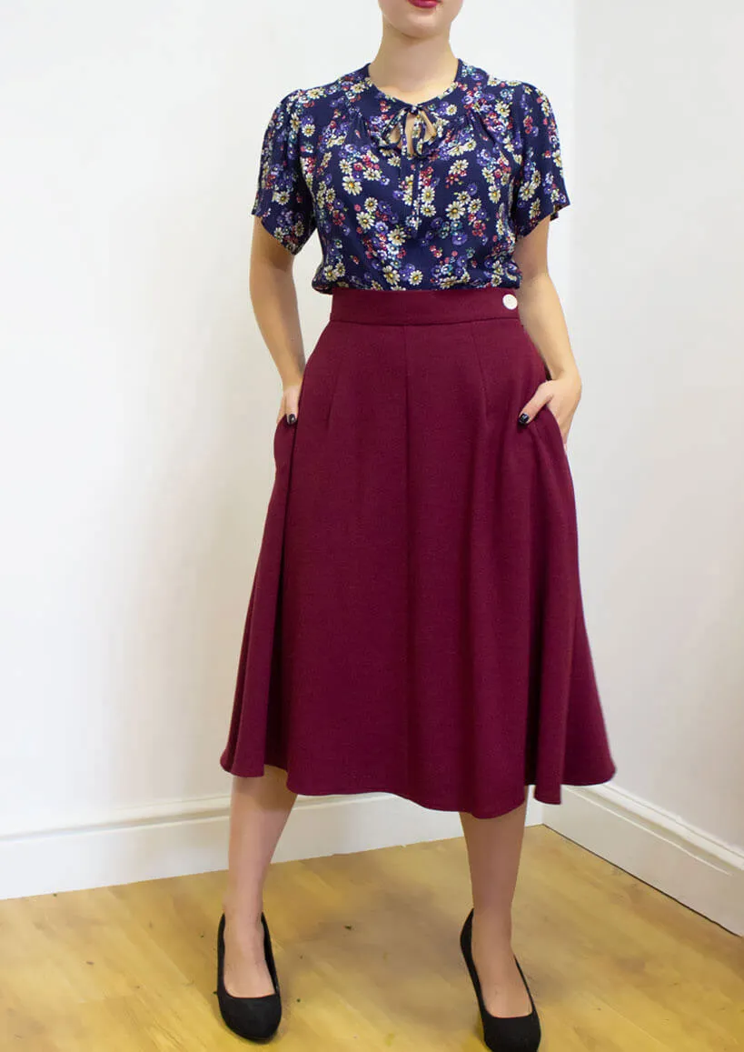 Classic 1940s Style A-Line Skirt in Burgundy