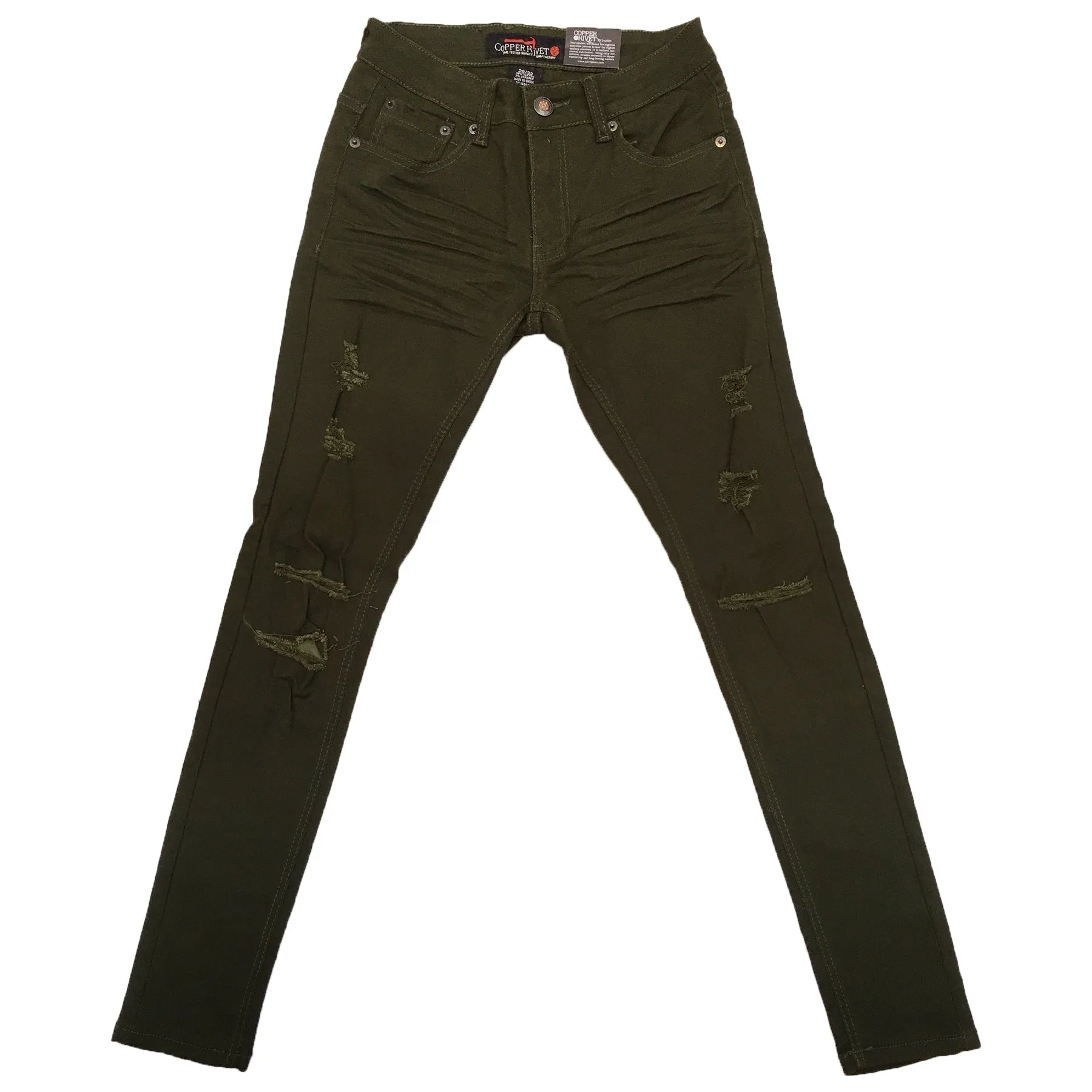 Copper Rivet Ripped Slim Jean (Olive)