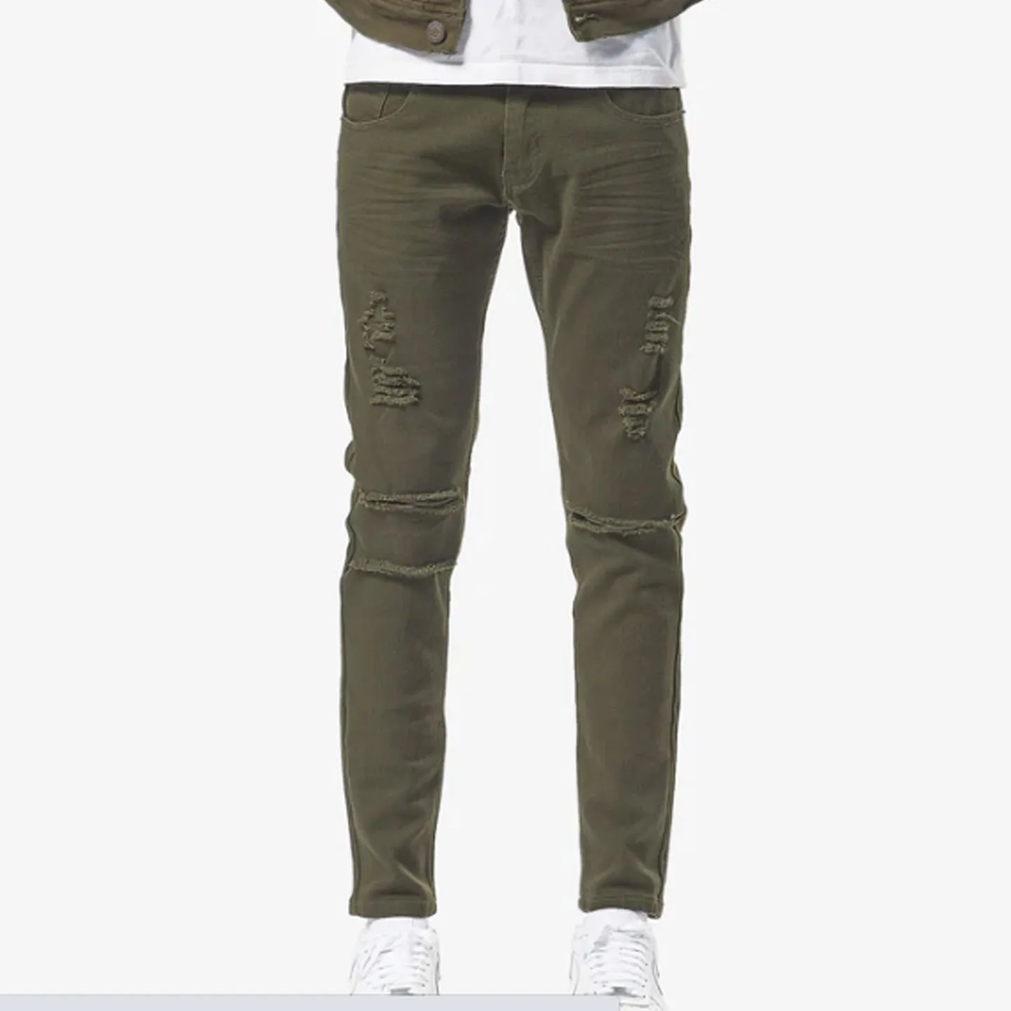 Copper Rivet Ripped Slim Jean (Olive)