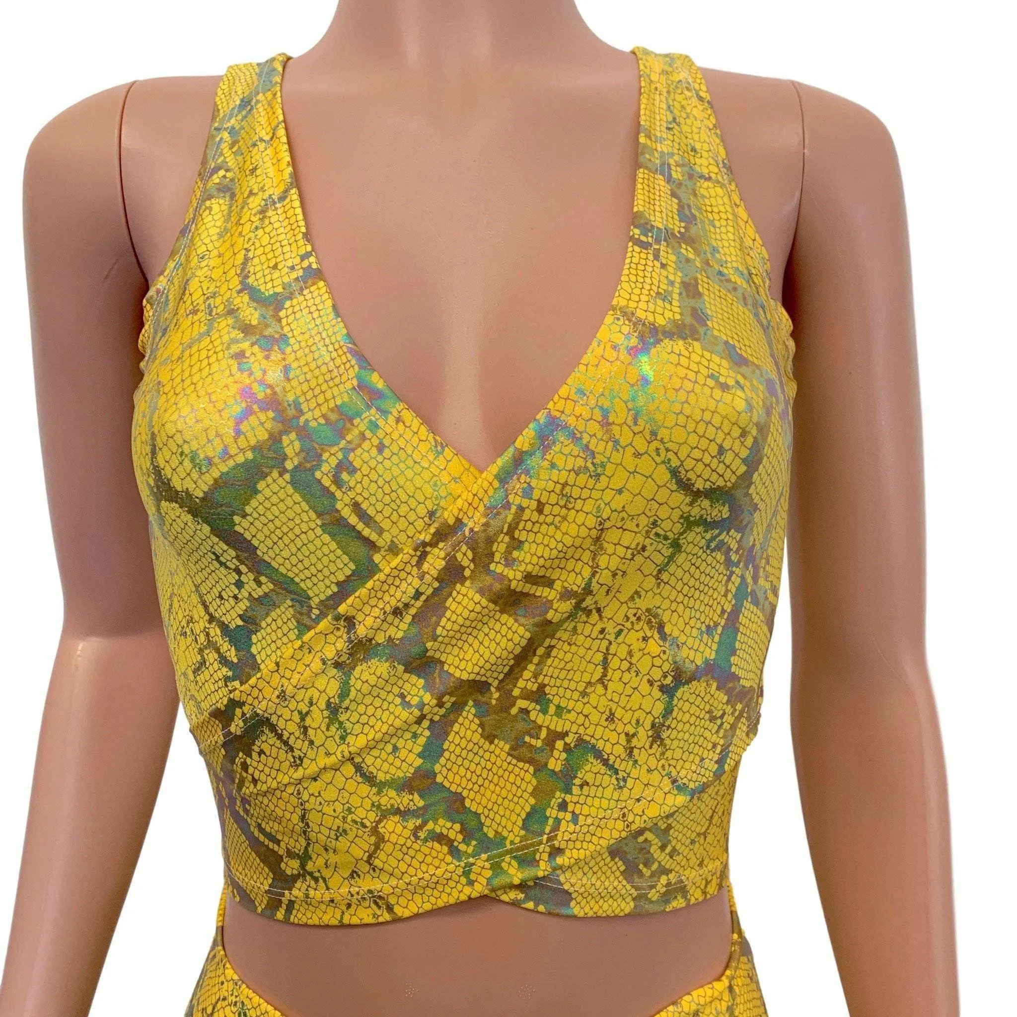 Crop Wrap Top - Yellow Snakeskin Holographic