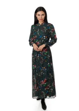 DARK GREEN PRINTED CHIFFON DRESS