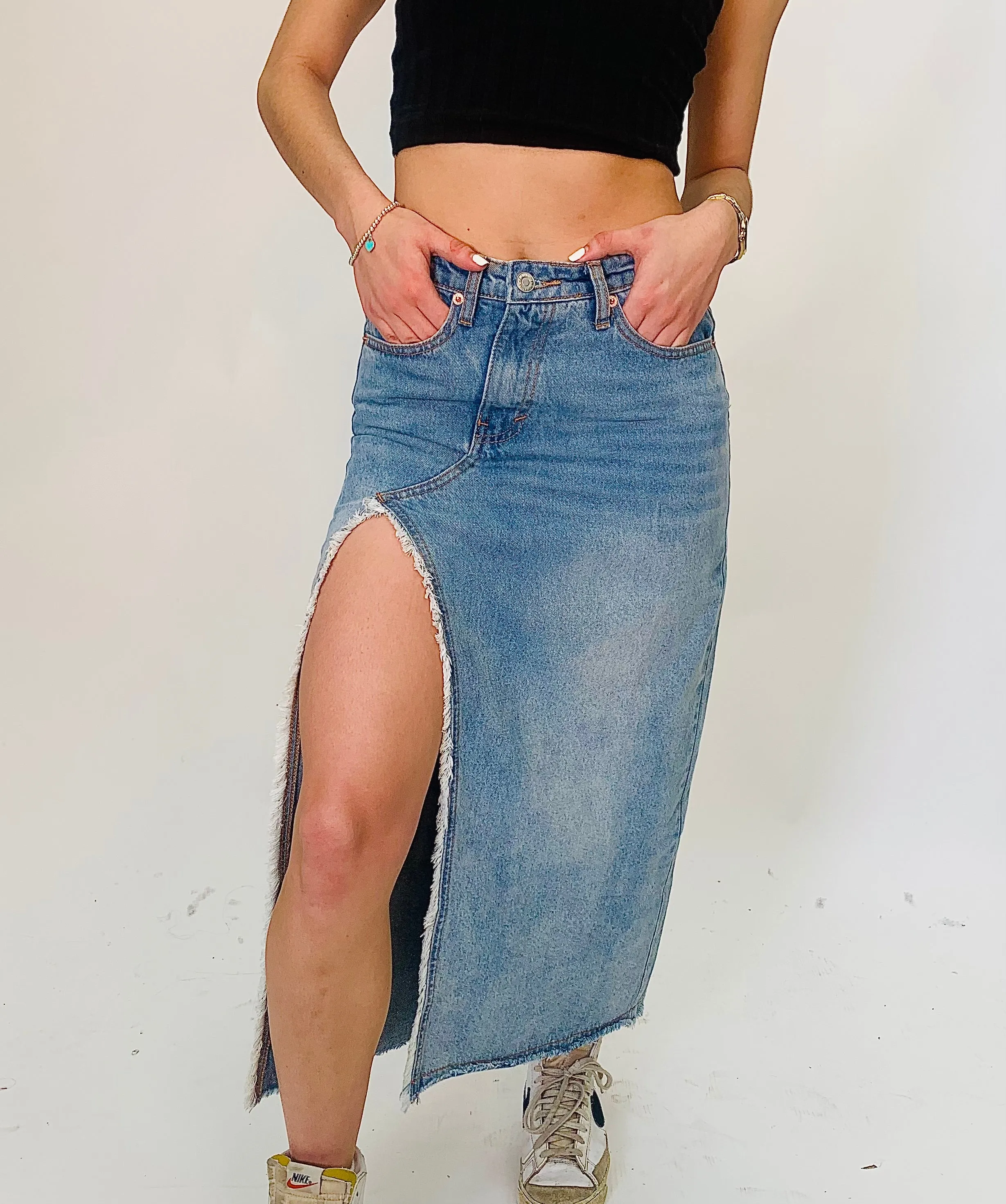 Darsie Denim Midi Slit Skirt