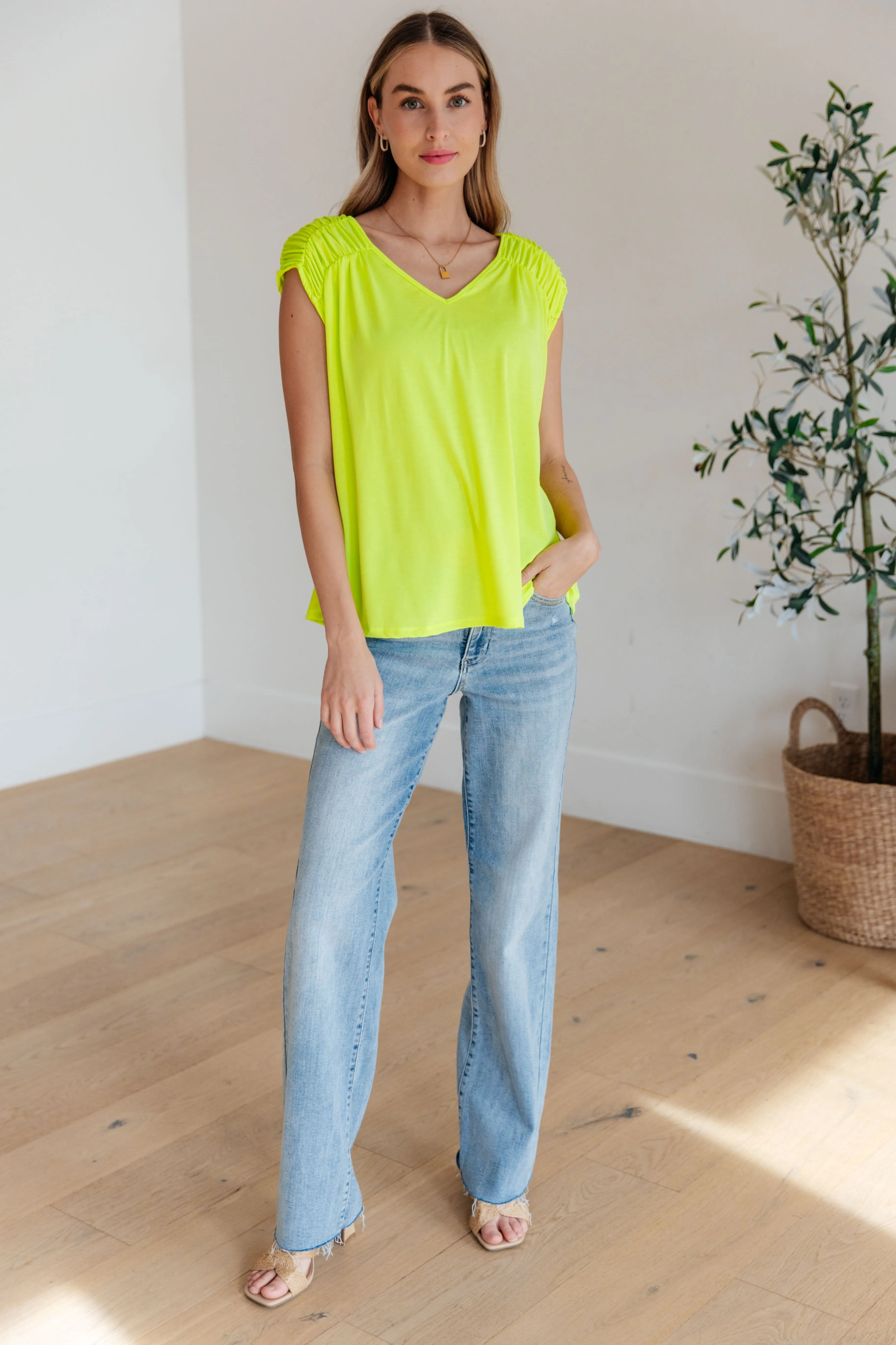 Dear Scarlett Ruched Cap Sleeve Top in Neon Green