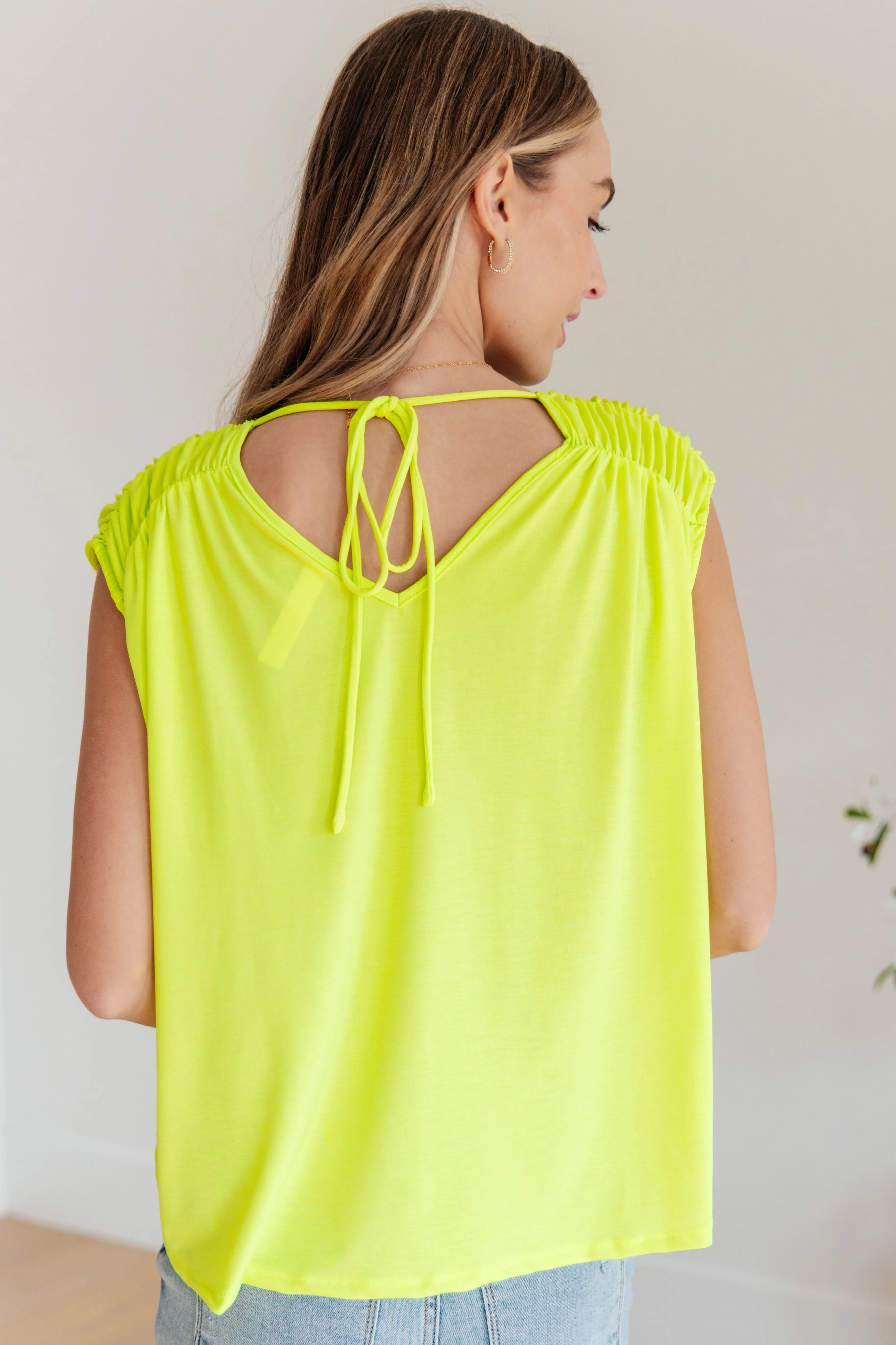 Dear Scarlett Ruched Cap Sleeve Top in Neon Green