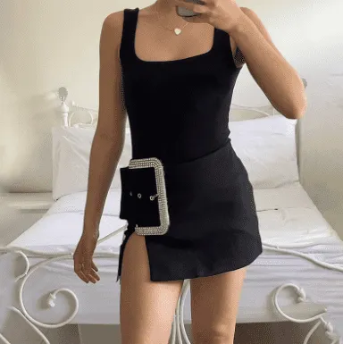 Diamond buckle decoration slit sexy skirt