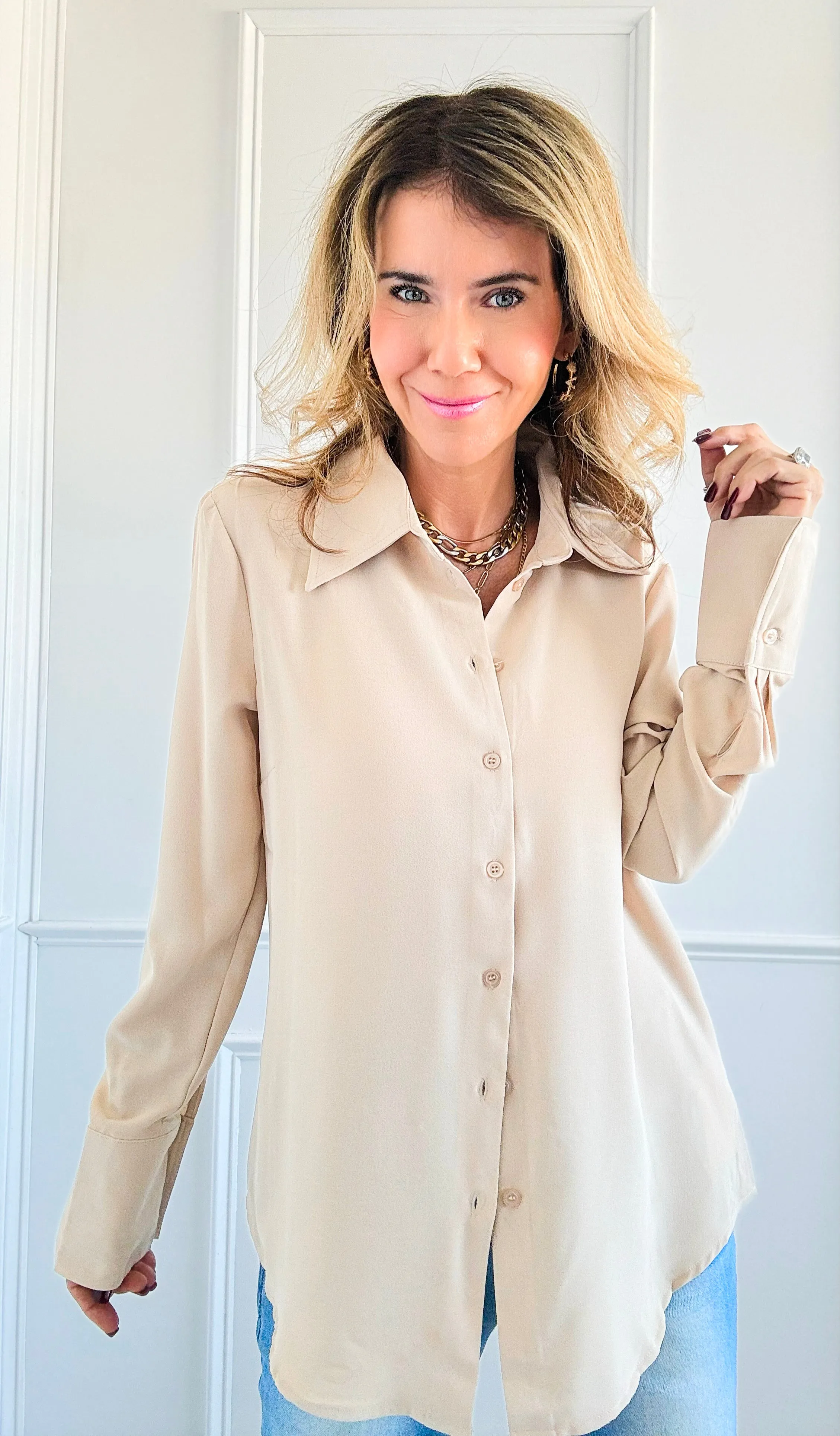 Elegant Muse Button Down Top - Beige