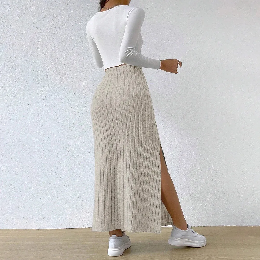 Elegant Ribbed Long Slim Fit Elastic Side Slit Skirt