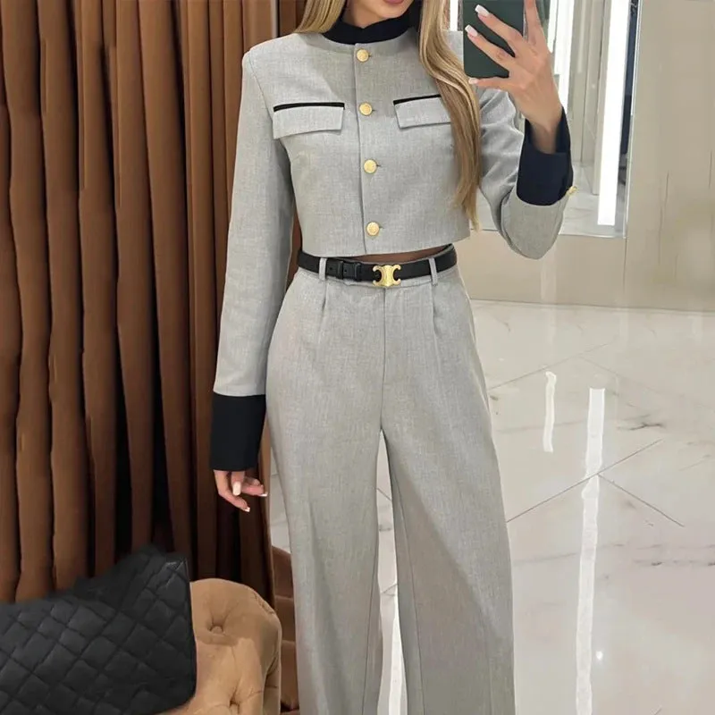 Elegant short jacket wide-leg pants suit