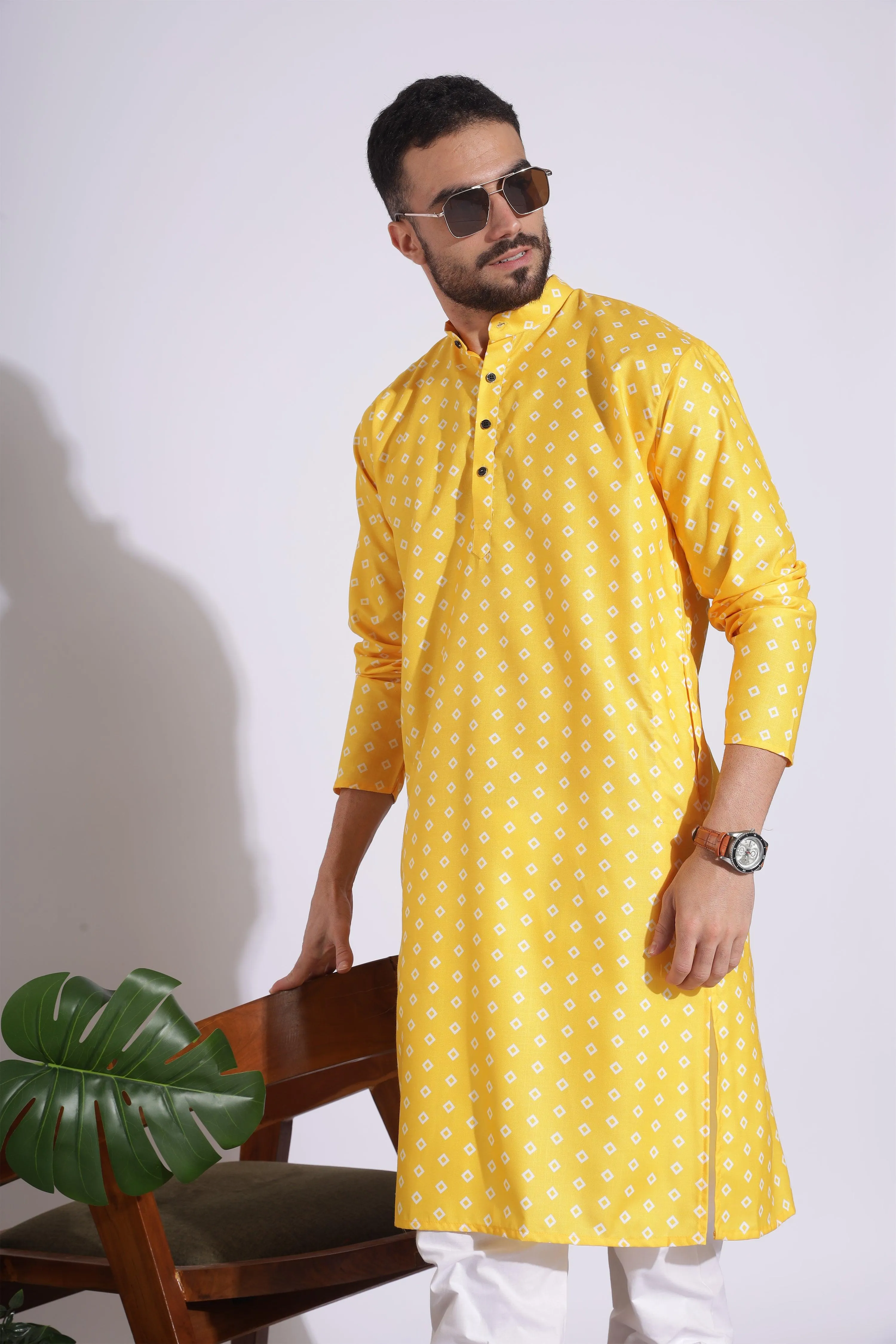 Ethnic Print Cotton Yellow Color Box Pattern Kurta