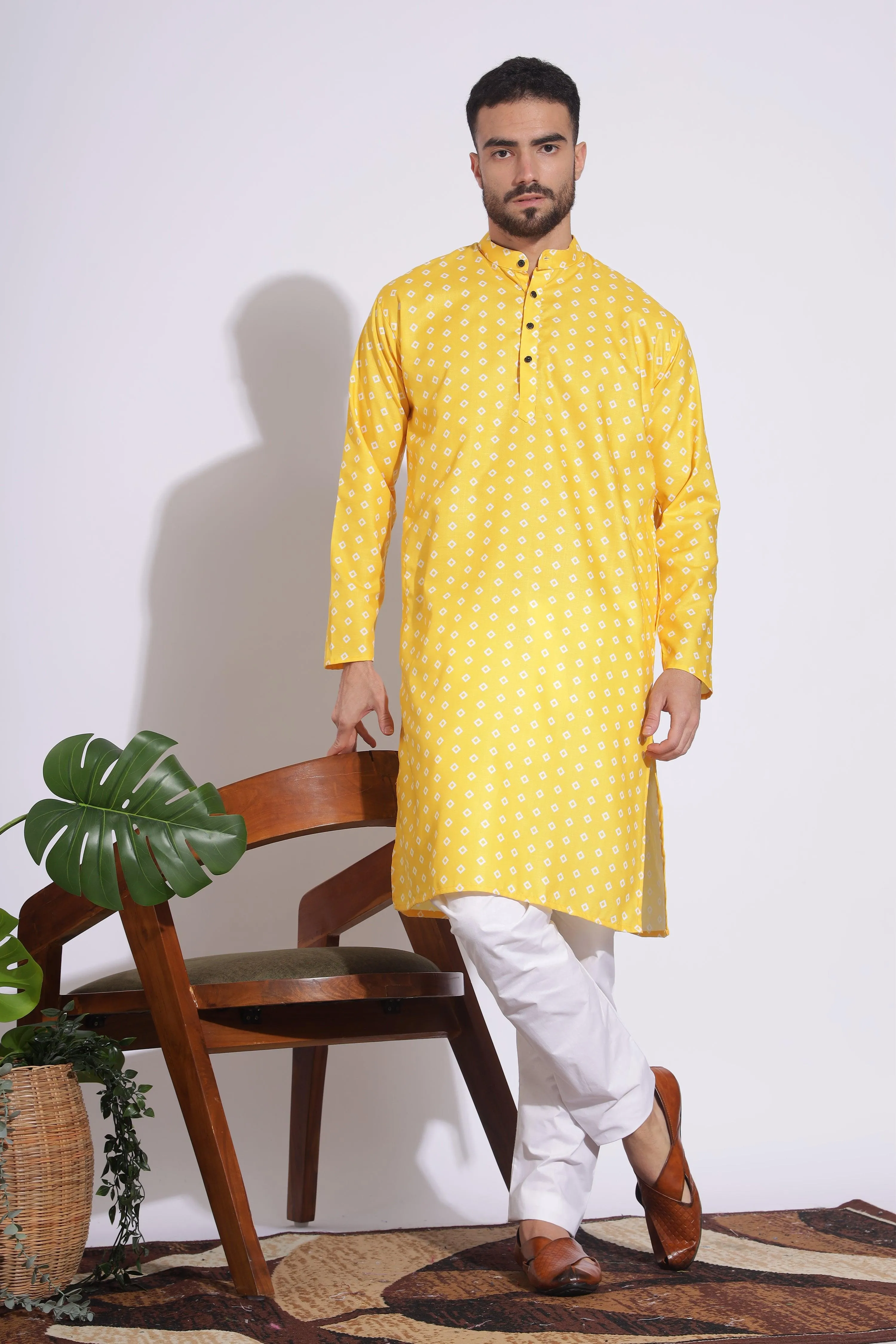 Ethnic Print Cotton Yellow Color Box Pattern Kurta