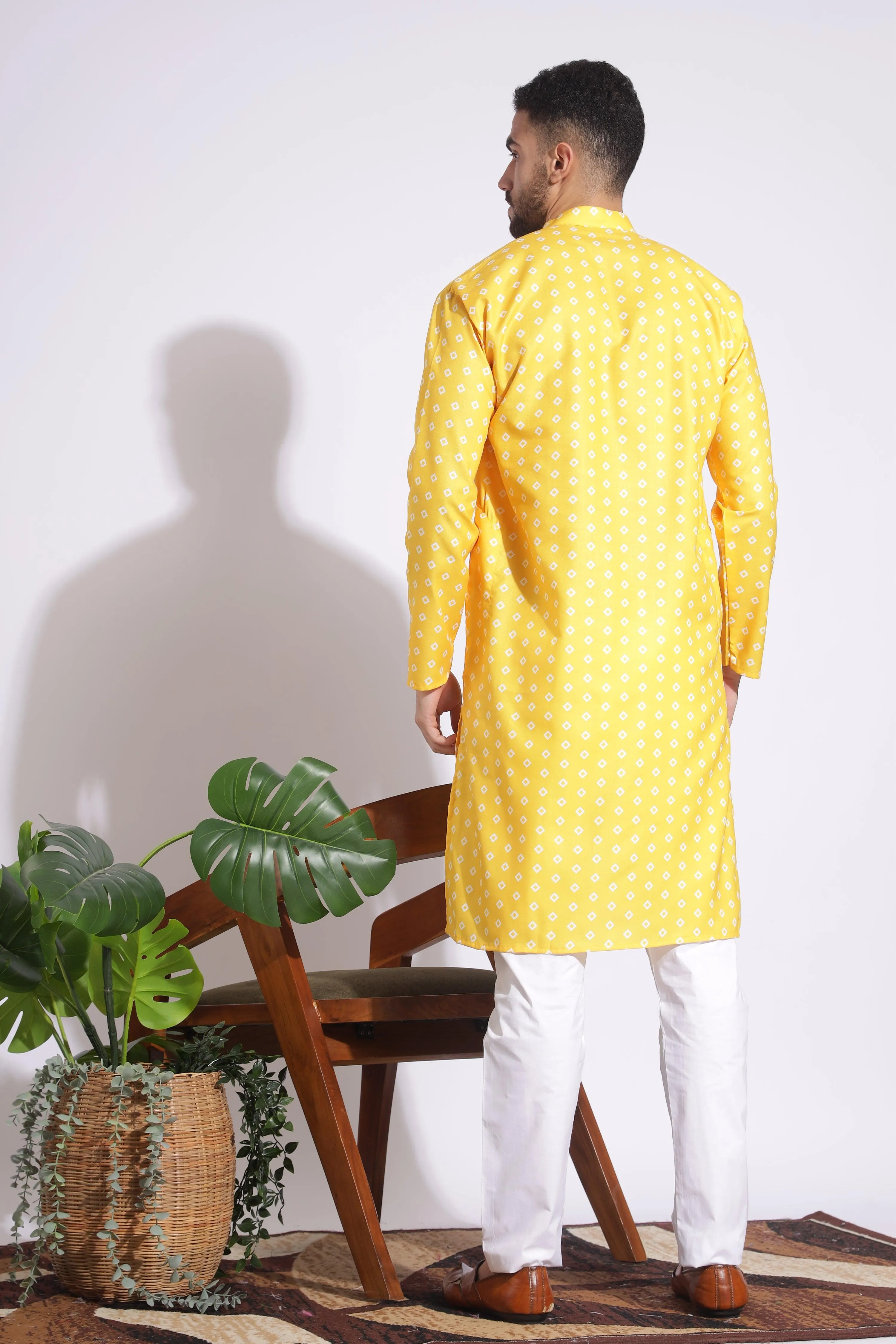 Ethnic Print Cotton Yellow Color Box Pattern Kurta