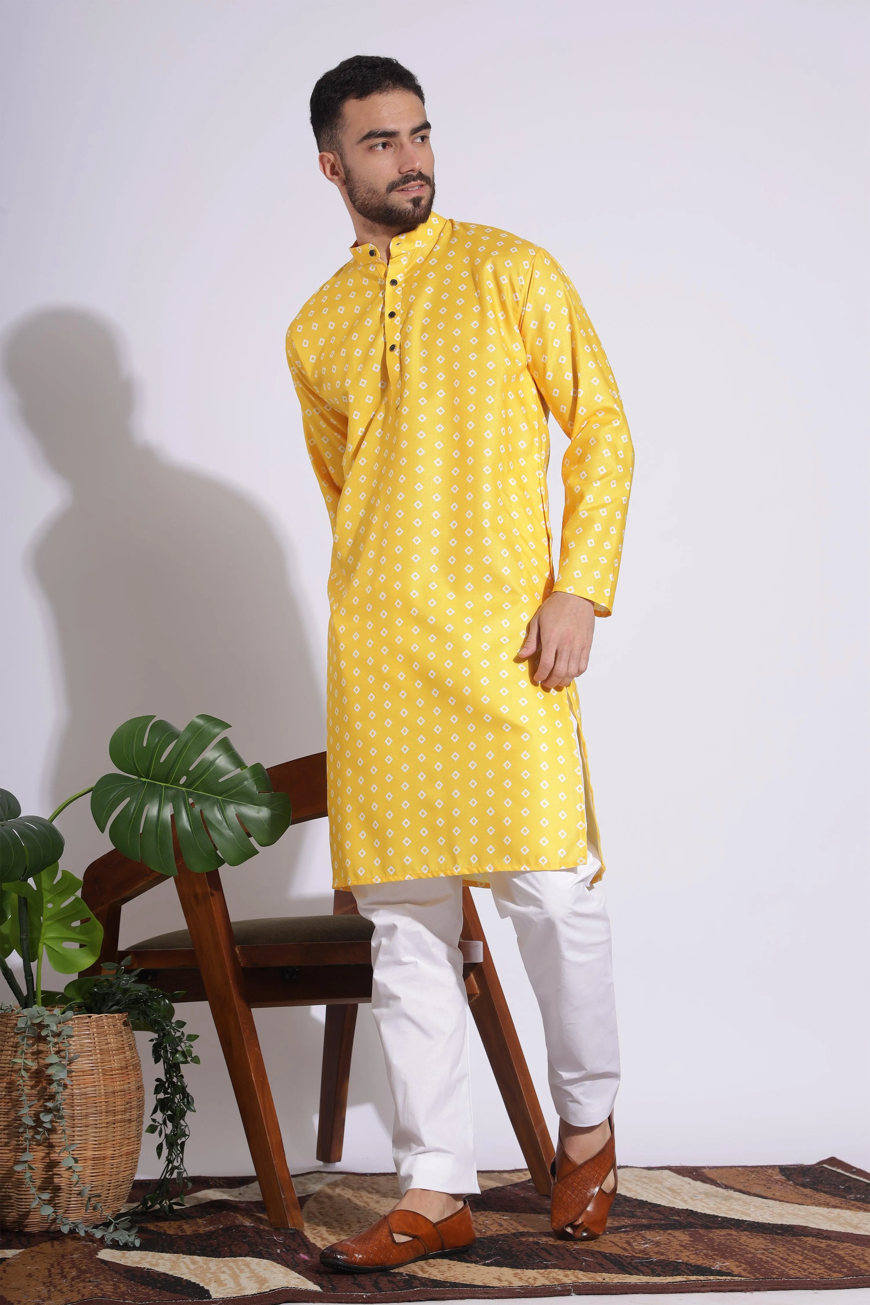 Ethnic Print Cotton Yellow Color Box Pattern Kurta