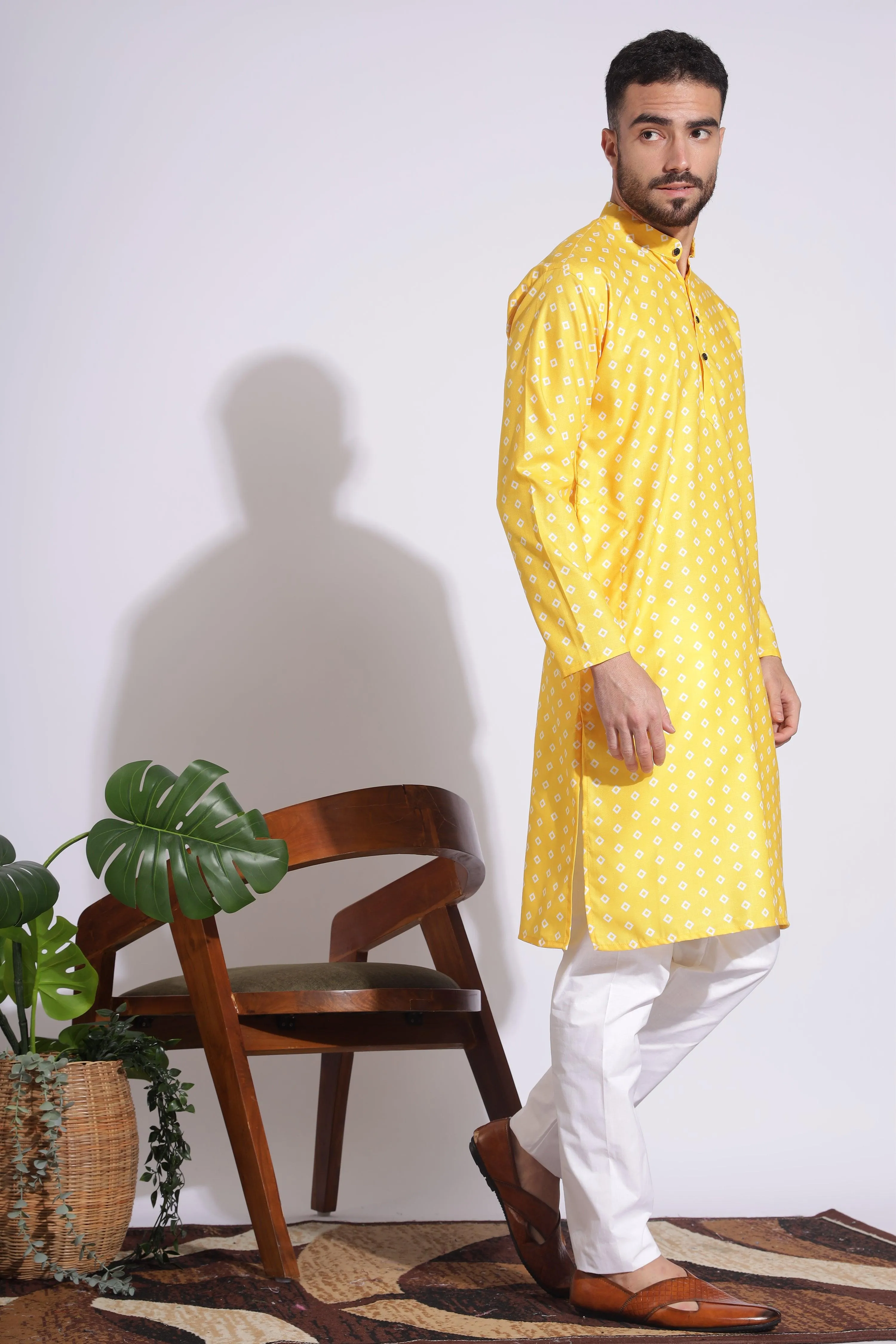 Ethnic Print Cotton Yellow Color Box Pattern Kurta