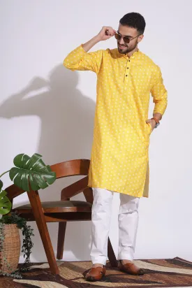 Ethnic Print Cotton Yellow Color Box Pattern Kurta