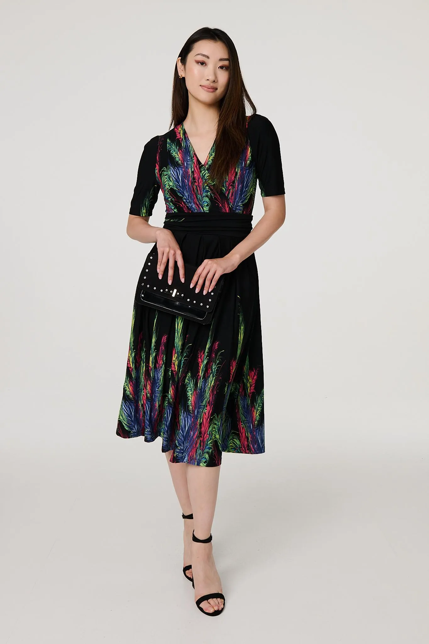 Feather Print Faux Wrap Front Midi Dress