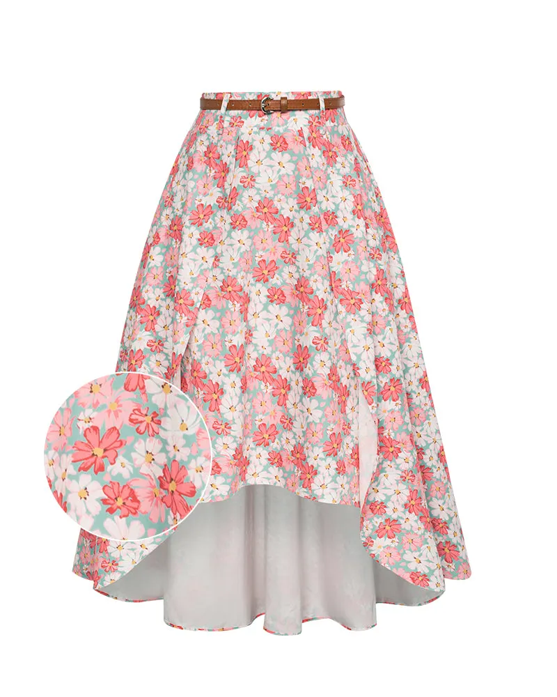 Fruit Patterns High Low A Line Skirts Vintage High Waisted Midi Flowy Skirts with Belt