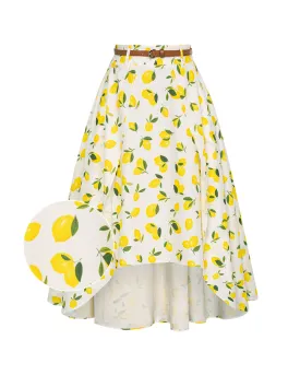 Fruit Patterns High Low A Line Skirts Vintage High Waisted Midi Flowy Skirts with Belt