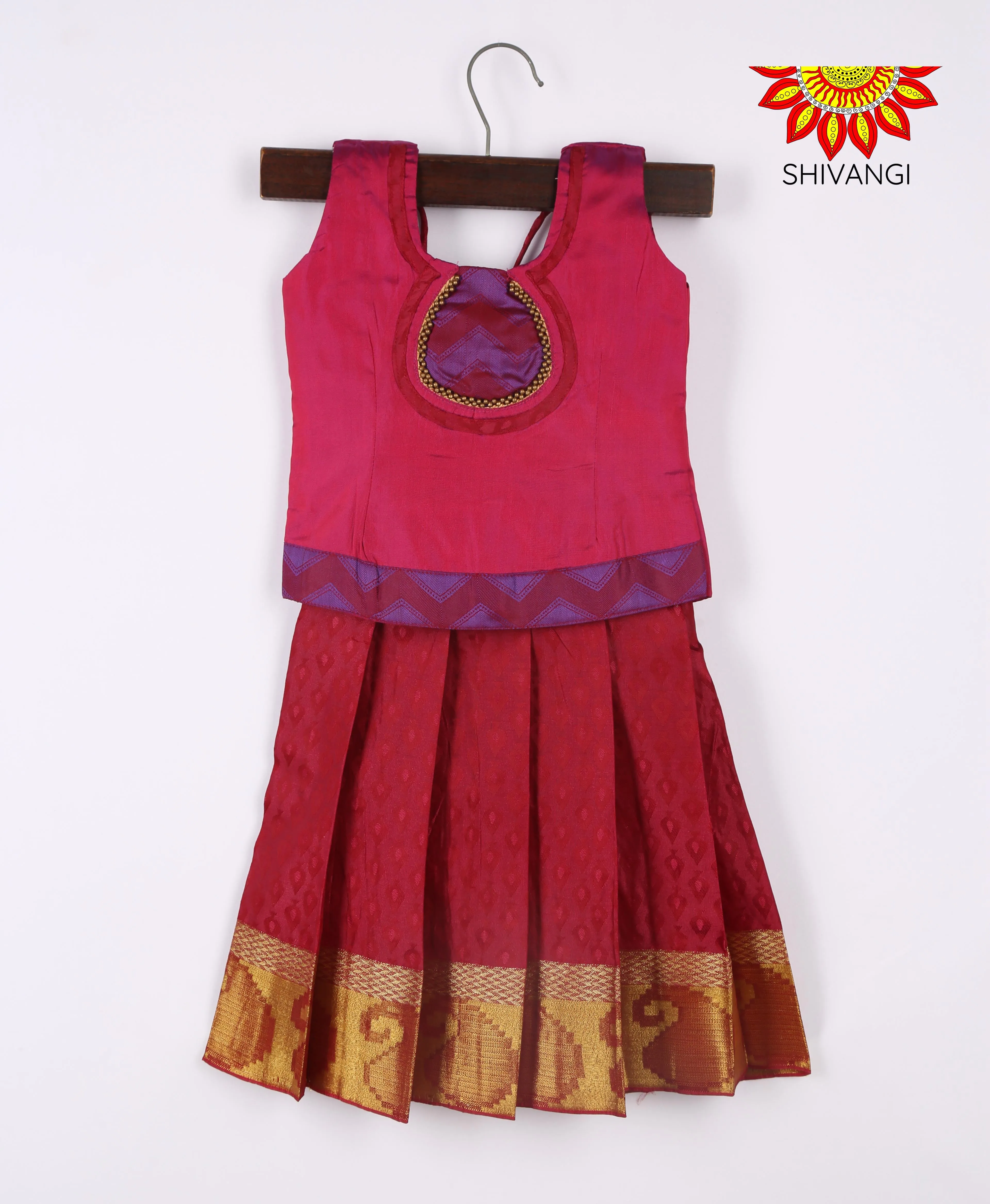 Girls Art Silk Maroon Pattu Pavadai