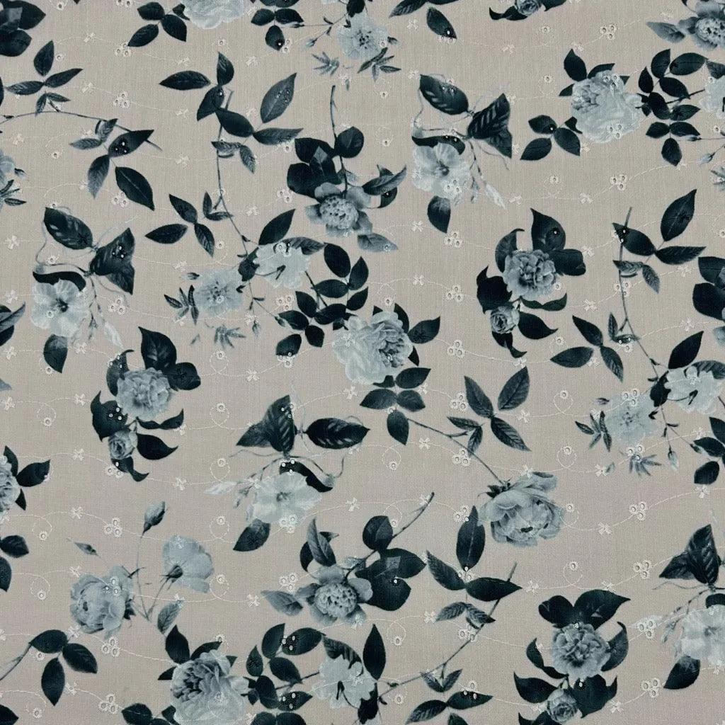 Grey Floral Broderie Anglaise Polycotton Fabric